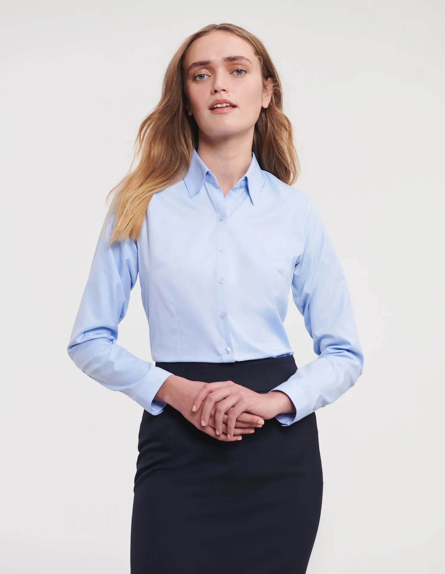 russell-r962f-ladies-ls-herringbone-shirt-lightblue-model-1 Russell Ladies Long Sleeve Herringbone Shirt