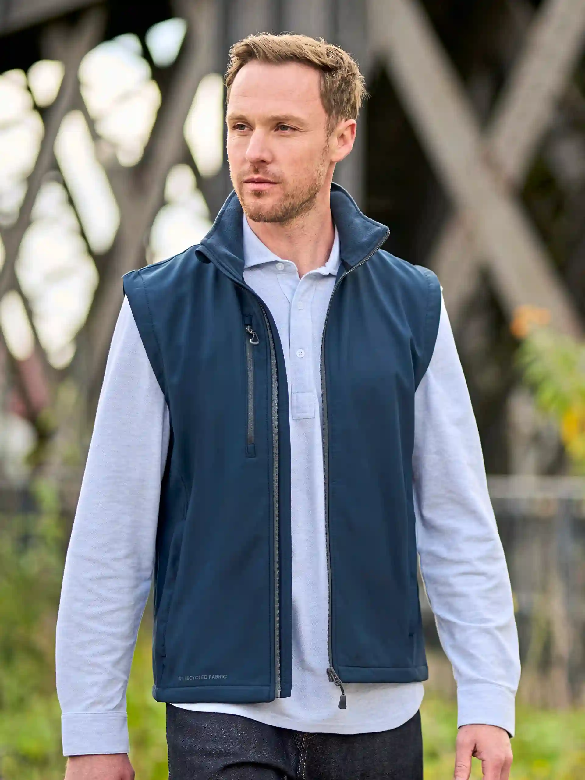 regatta-tra858-honestly-made-recycled-softshell-bodywarmer-navy-model-1 Regatta Honestly Made Recycled Softshell Bodywarmer