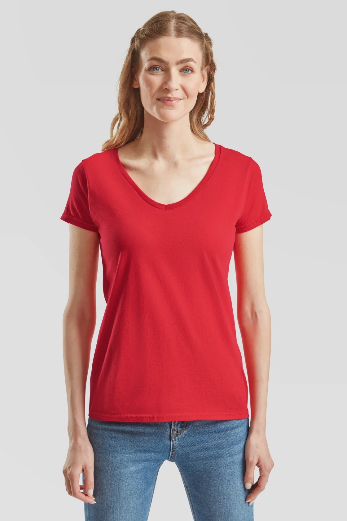 fruit-of-the-loom-61-444-0-ladies-iconic-150-v-neck-t-shirt-red-model-0 F.O.L. Ladies Iconic 150 V Neck T