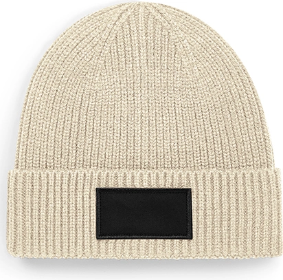 beechfield-b442r-fashion-patch-beanie-oatmeal-black-front-1 Beechfield Fashion Patch Beanie
