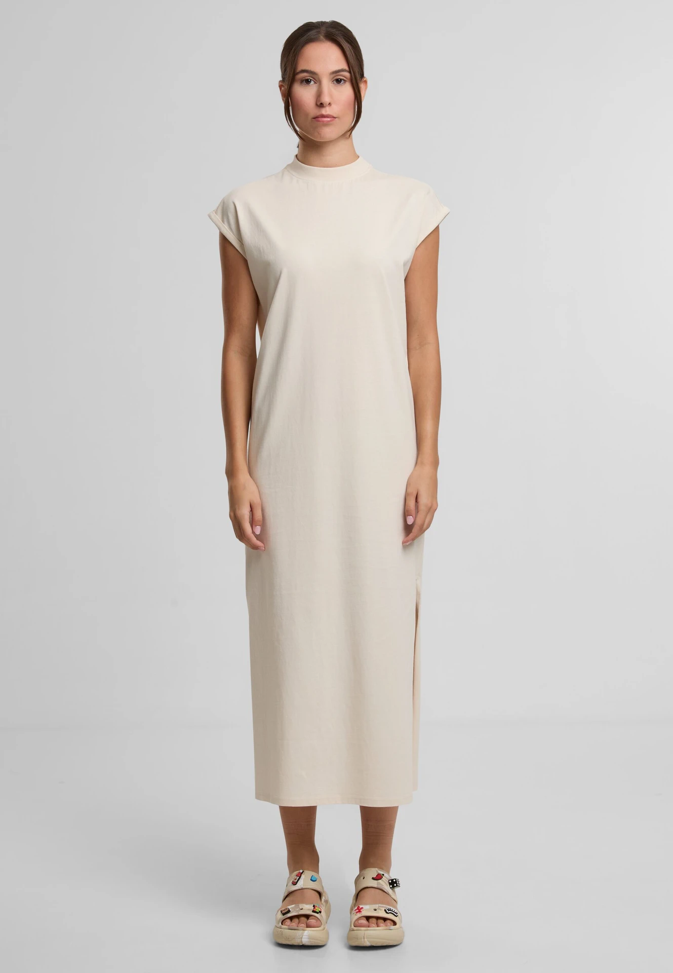 BYB-BY302-ladies-long-extended-shoulder-dress-whitesand-model-0 Build Your Brand Ladies Long Extended Shoulder Dress