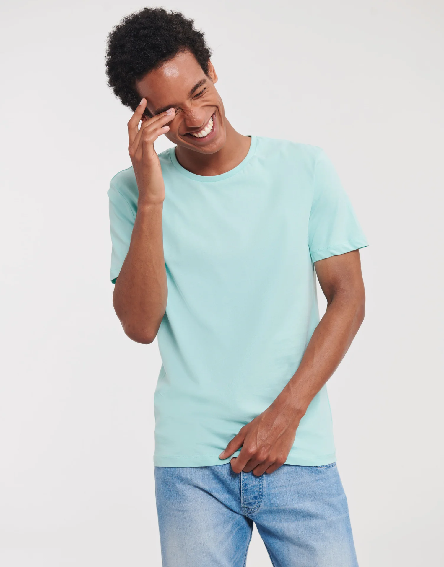 russell-r108m-mens-pure-organic-t-shirt-aqua-model-1 Russell Men's Authentic Tee Pure Organic