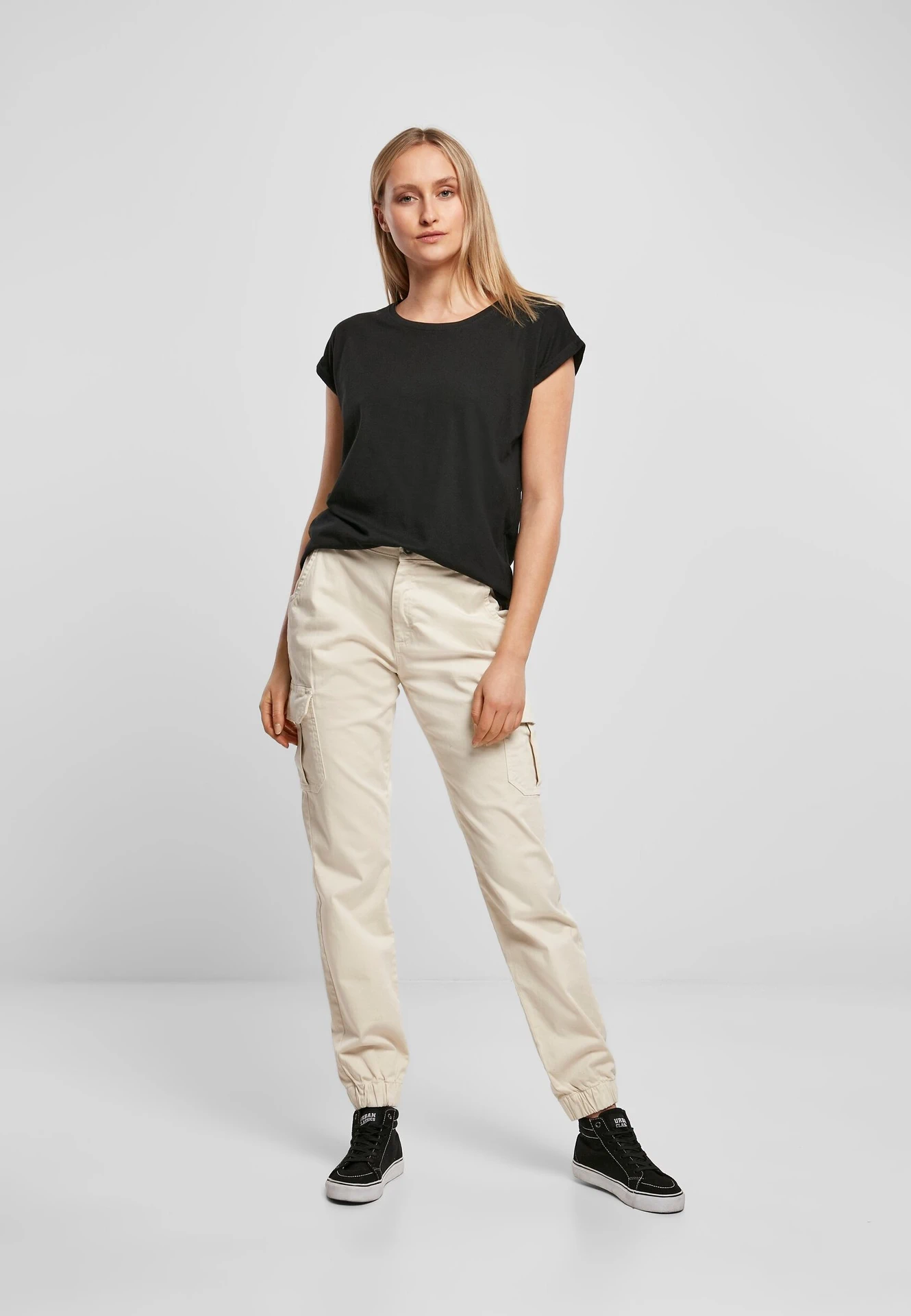 BYB-BY021-ladies-extended-shoulder-t-shirt-black-model-3 Build Your Brand Ladies Extended Shoulder Tee