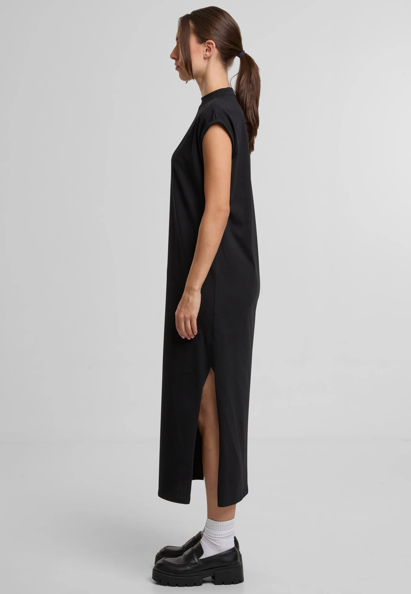 BYB-BY302-ladies-long-extended-shoulder-dress-black-model-1 Build Your Brand Ladies Long Extended Shoulder Dress
