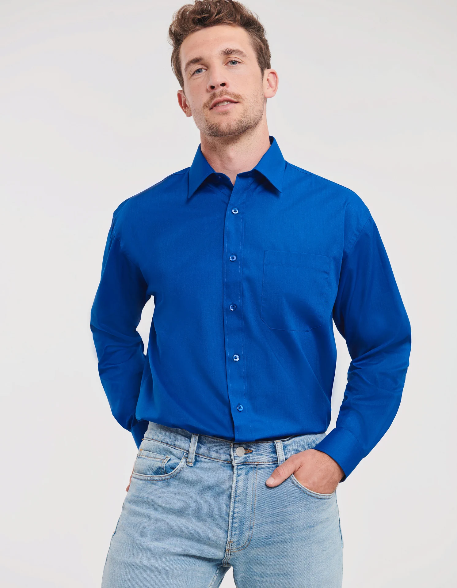 russell-r934m-mens-ls-poly-cotton-easy-care-poplin-shirt-brightroyal-model-1 Russell Men's Long Sleeve Polycotton Easy Care Poplin Shirt