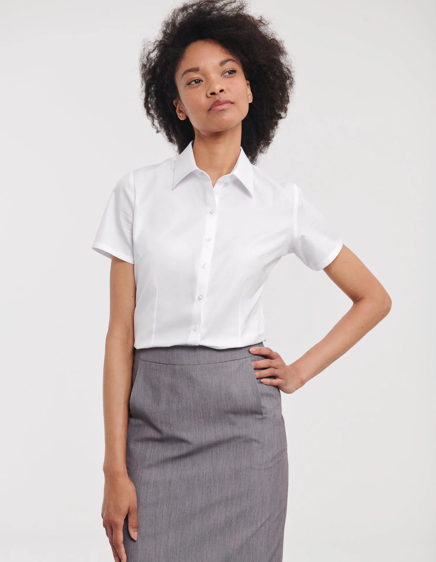 russell-r963f-ladies-short-sleeve-herringbone-shirt-white-model-1 Russell Ladies Short Sleeve Herringbone Shirt
