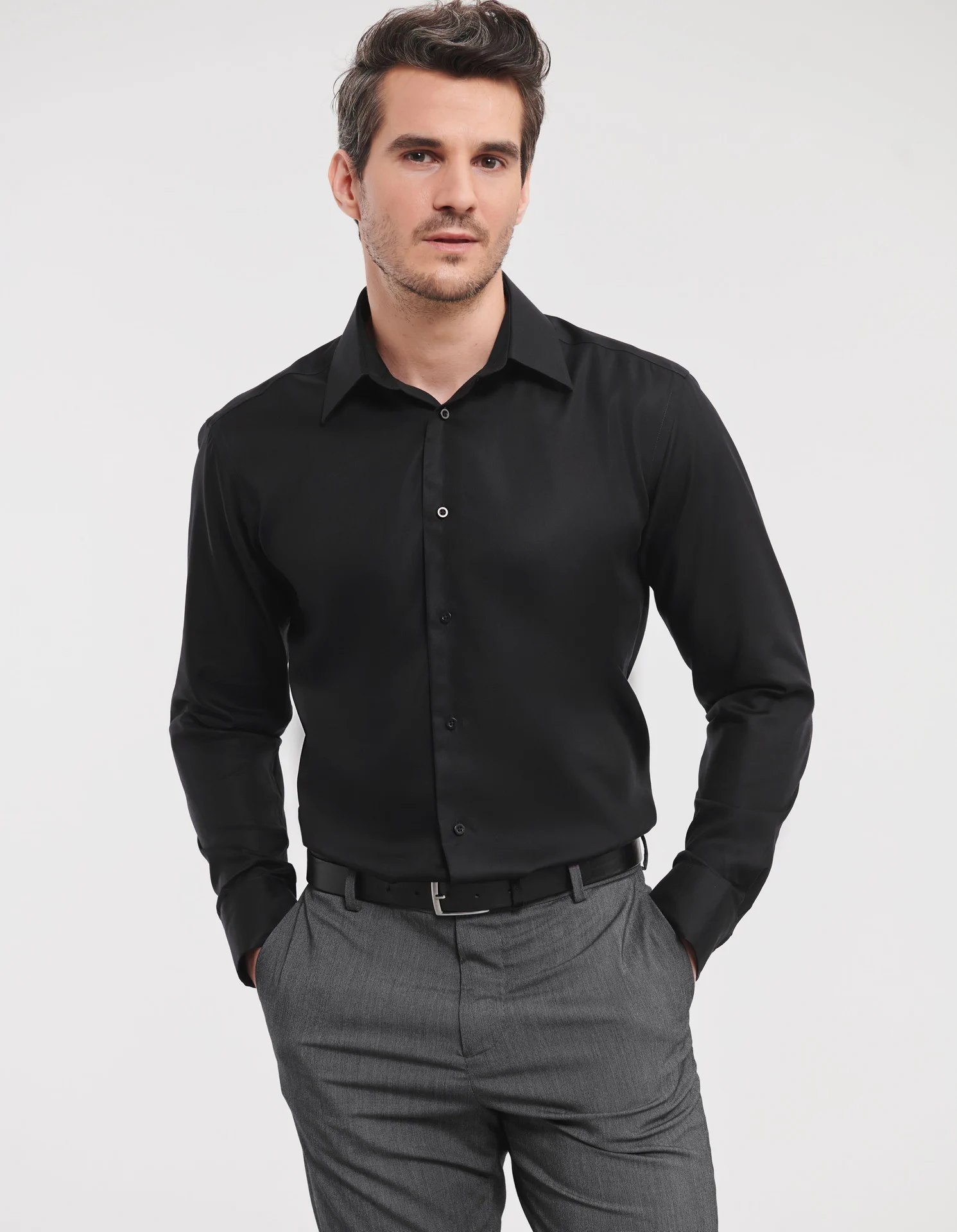 russell-r958m-mens-ls-tailored-ultimate-non-iron-shirt-black-model-1 Russell Men's Long Sleeve Tailored Ultimate Non-iron Shirt