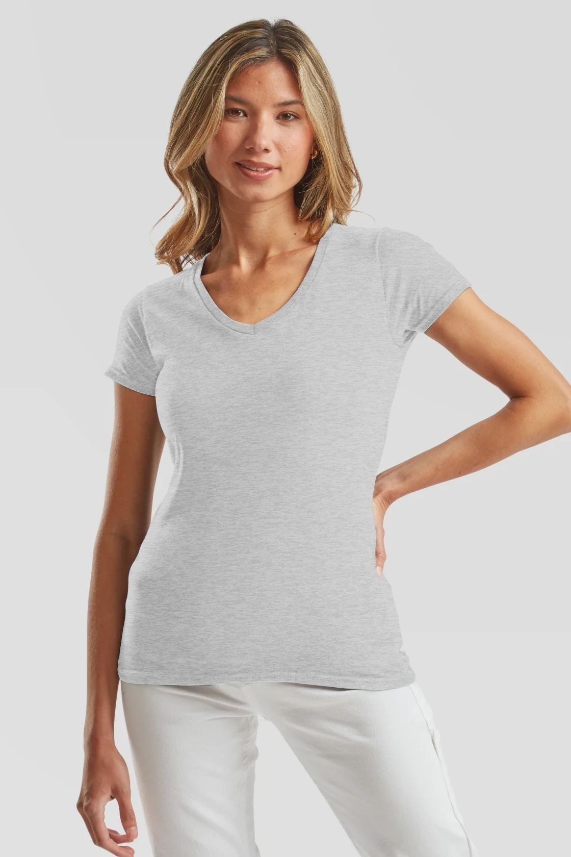 fruit-of-the-loom-61-444-0-ladies-iconic-150-v-neck-t-shirt-heathergrey-model-0 F.O.L. Ladies Iconic 150 V Neck T