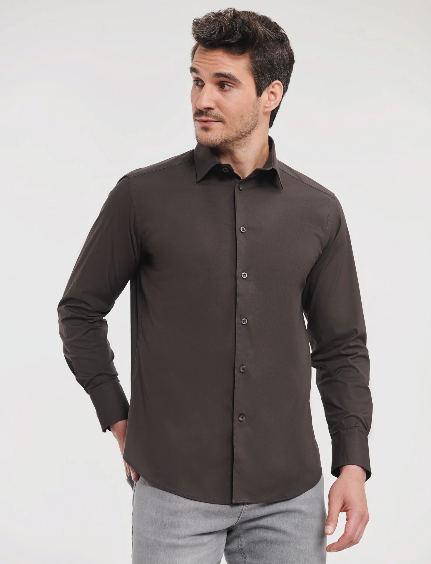 russell-r946m-mens-ls-easy-care-fitted-shirt-chocolate-model-1 Russell Men's Long Sleeve Easy Care Fitted Shirt