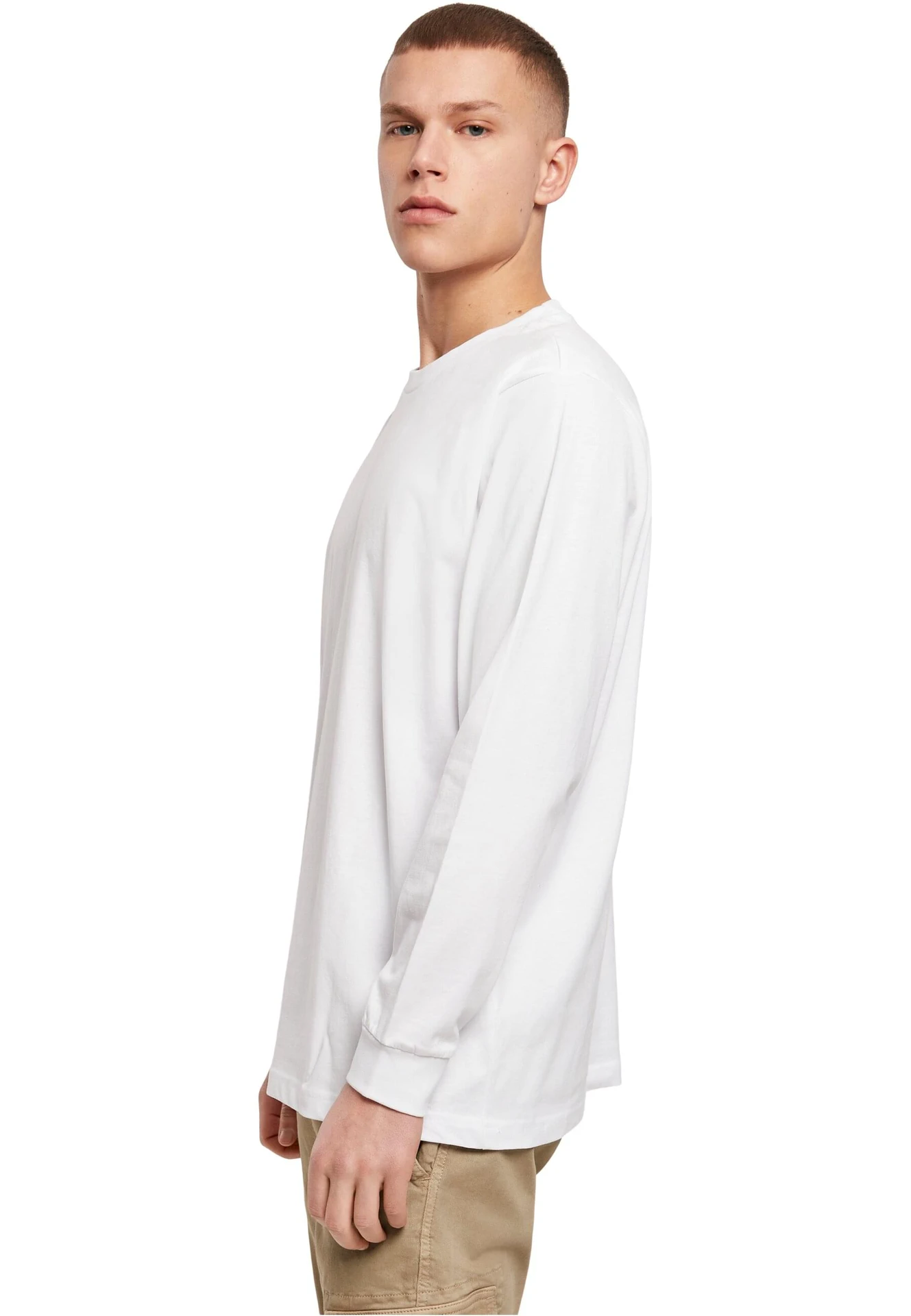 BYB-BY091-long-sleeve-t-shirt-with-cuffrib-white-model-1 Build Your Brand Long Sleeve Tee With Cuffrib