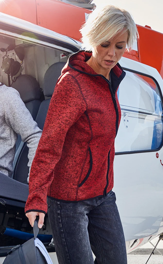 jn588-ladies-knitted-fleece-hoody-redmelange-model-1 James & Nicholson Ladies Knitted Fleece Hoody