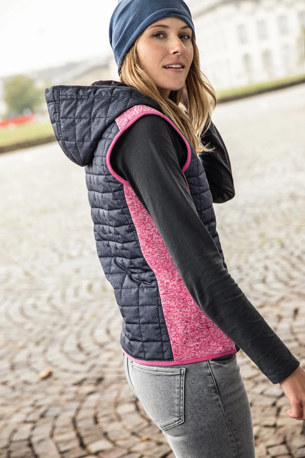 jn767-ladies-knitted-hybrid-vest-model-1 James & Nicholson Ladies Knitted Hybrid Vest
