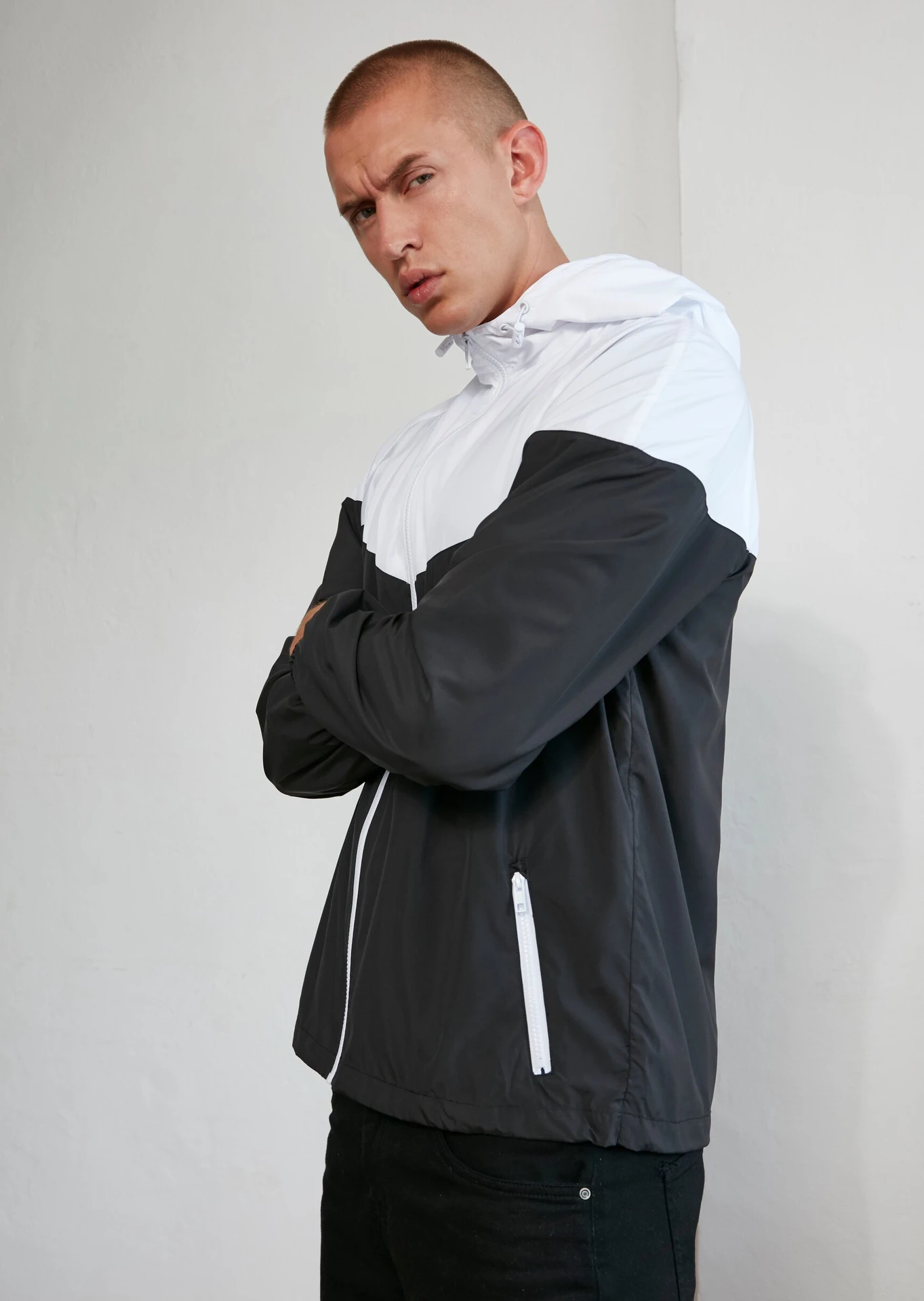 BYB-BY129-2-tone-tech-windrunner-black-white-model-1 Build Your Brand 2-Tone Tech Windrunner