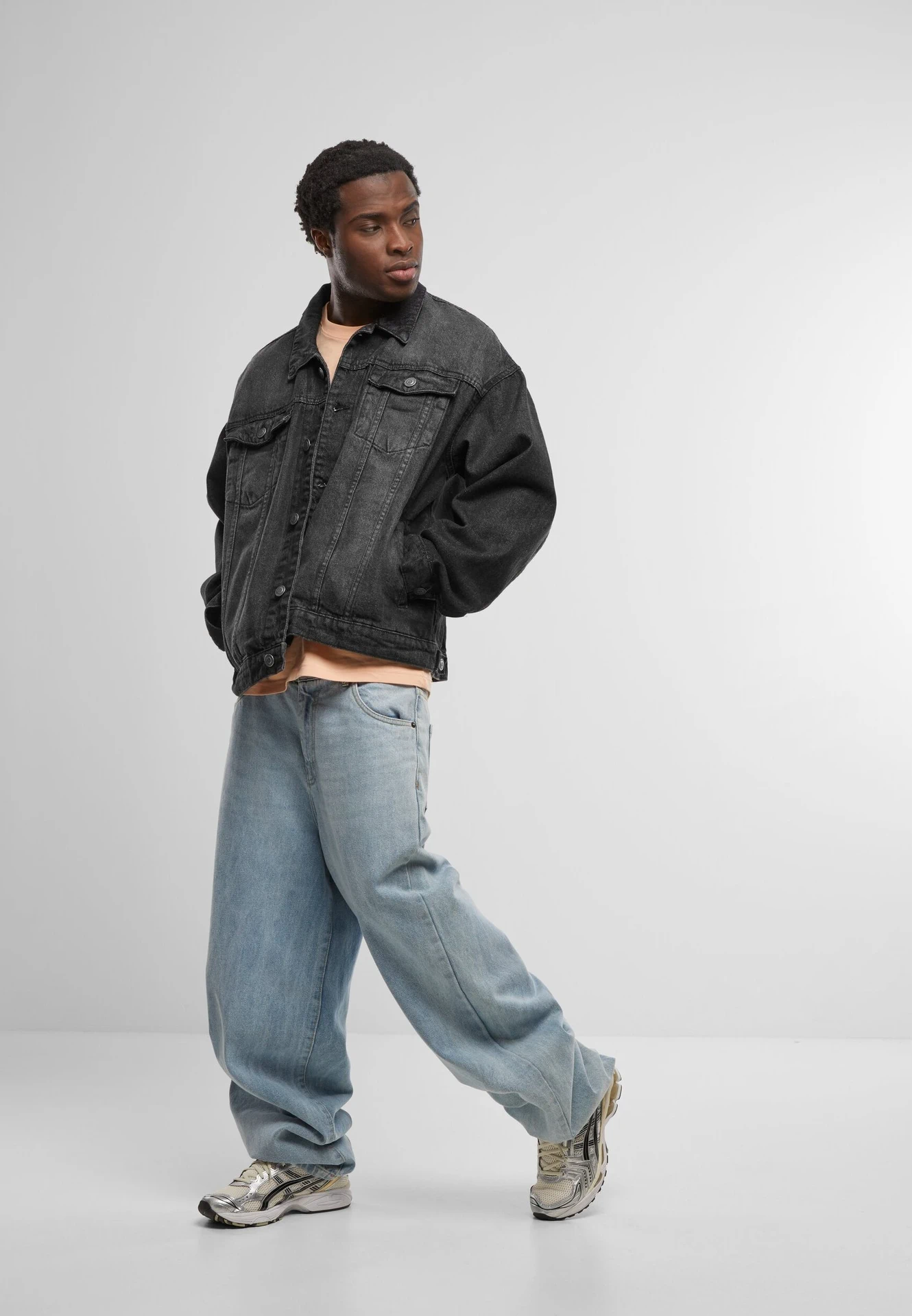 BYB-BY312-heavy-ounce-boxy-denim-jacket-black-model-3 Build Your Brand Heavy Ounce Boxy Denim Jacket