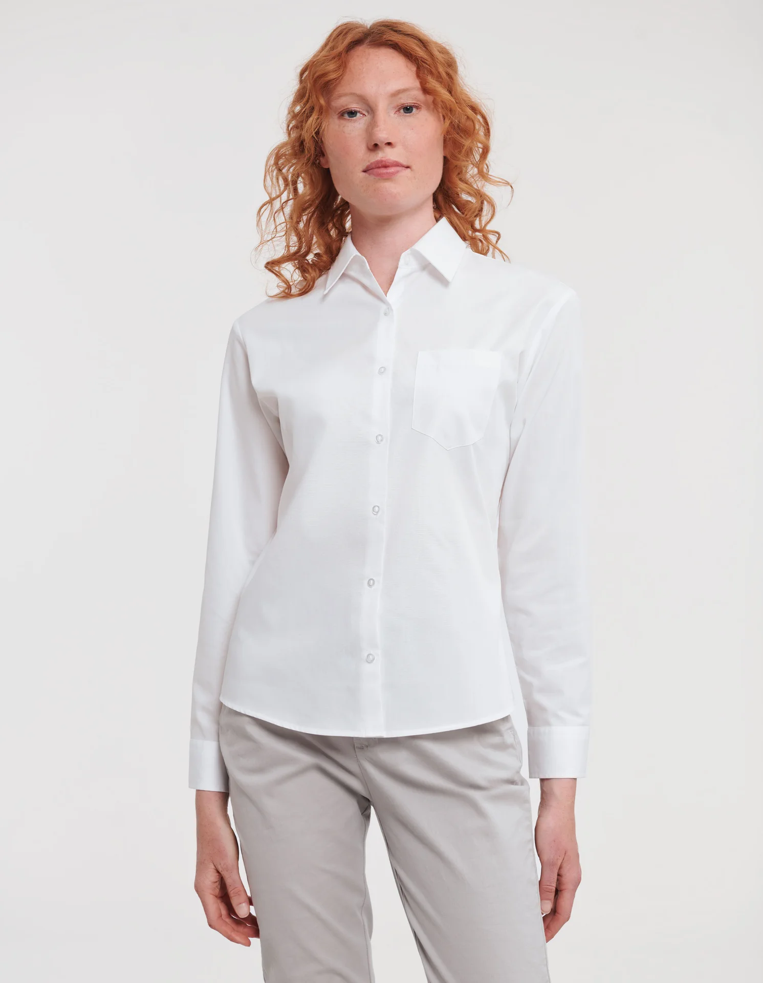 russell-r936f-ladies-ls-pure-cotton-easy-care-poplin-shirt-white-model-1 Russell Ladies Long Sleeve Pure Cotton Easy Care Poplin Shirt