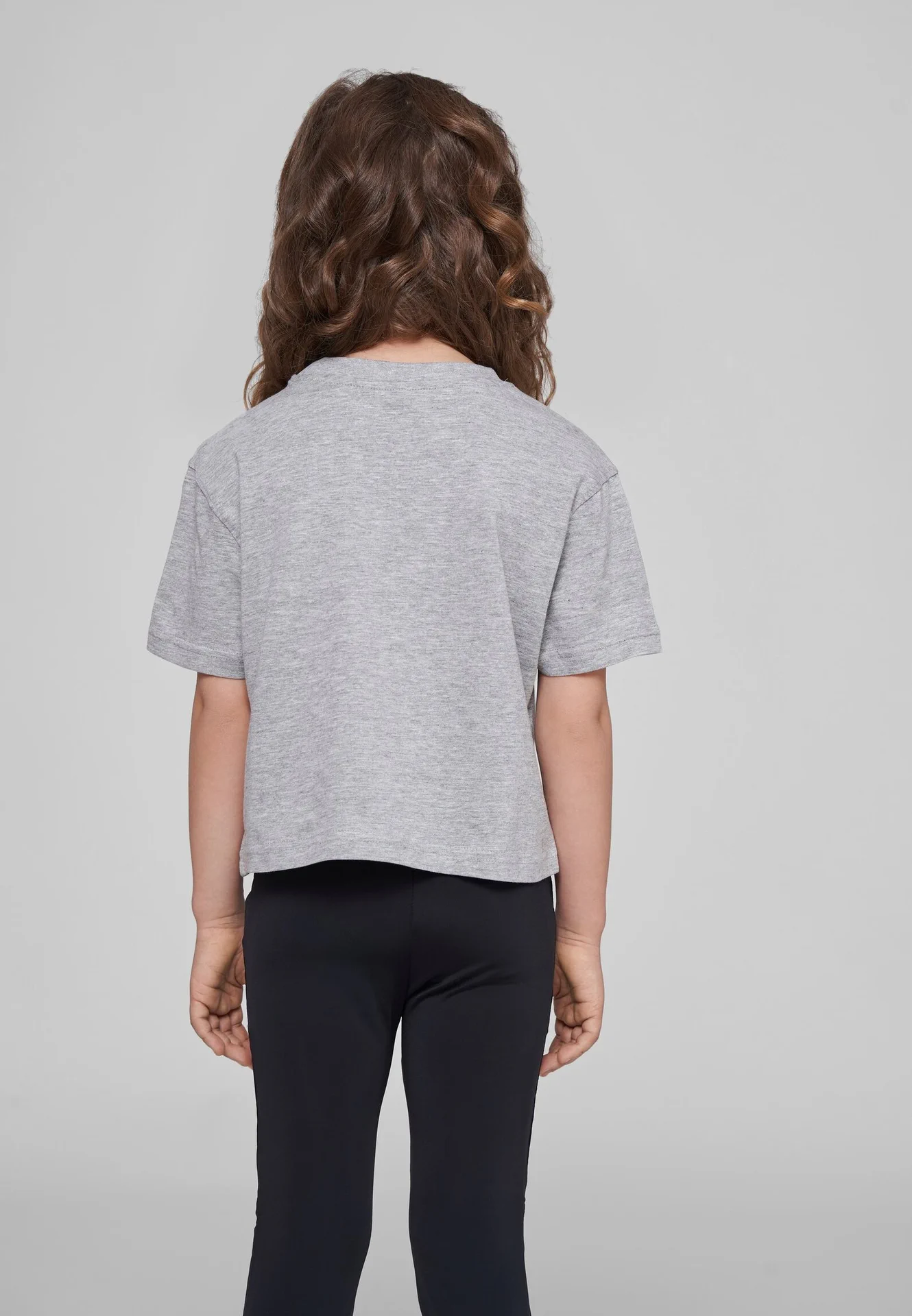BYB-BY114-girls-cropped-jersey-t-shirt-heathergrey-model-2 Build Your Brand Girls Cropped Jersey Tee