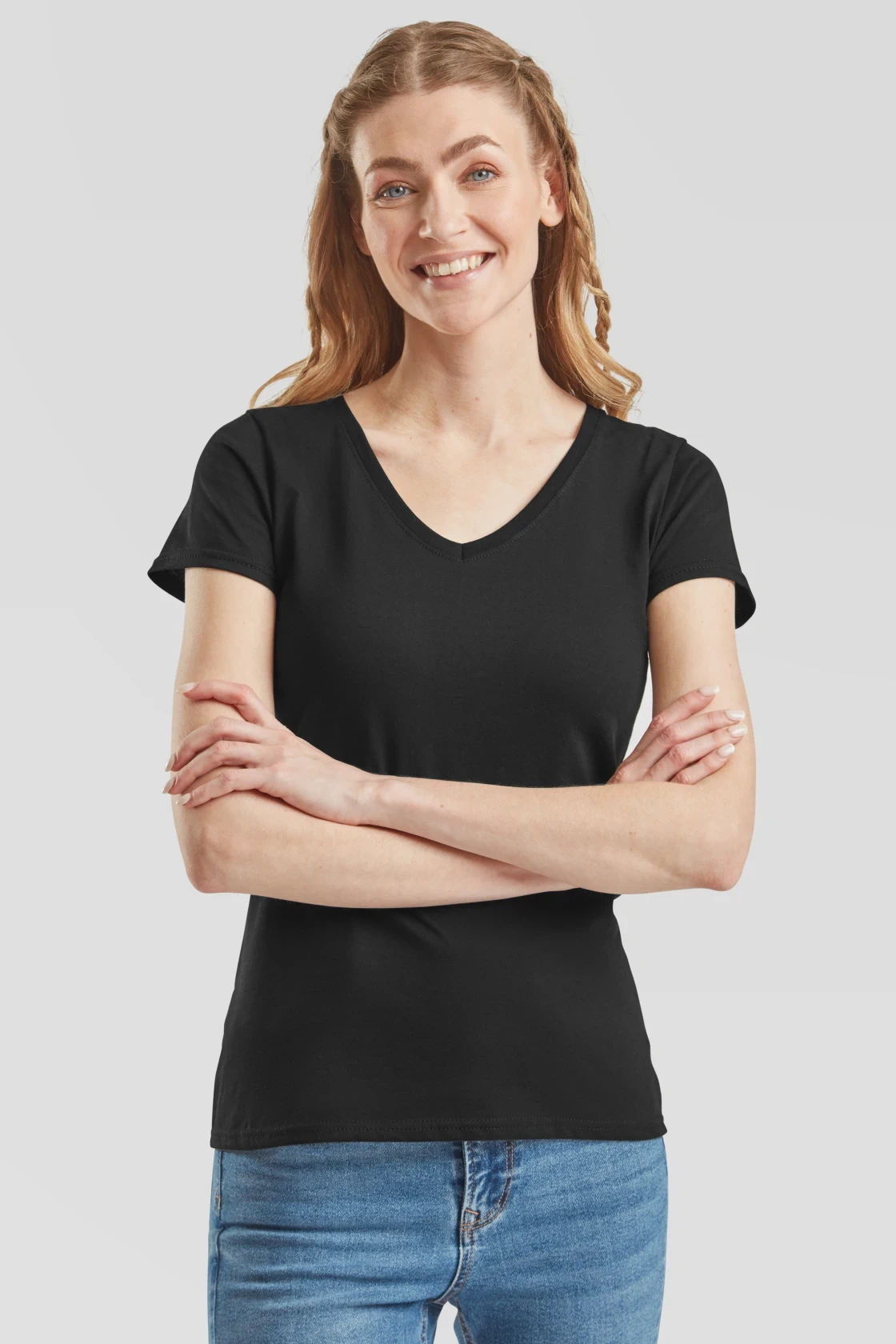 fruit-of-the-loom-61-398-0-ladies-valueweight-v-neck-t-shirt-black-model-0 F.O.L. Lady-Fit Valueweight V-Neck T