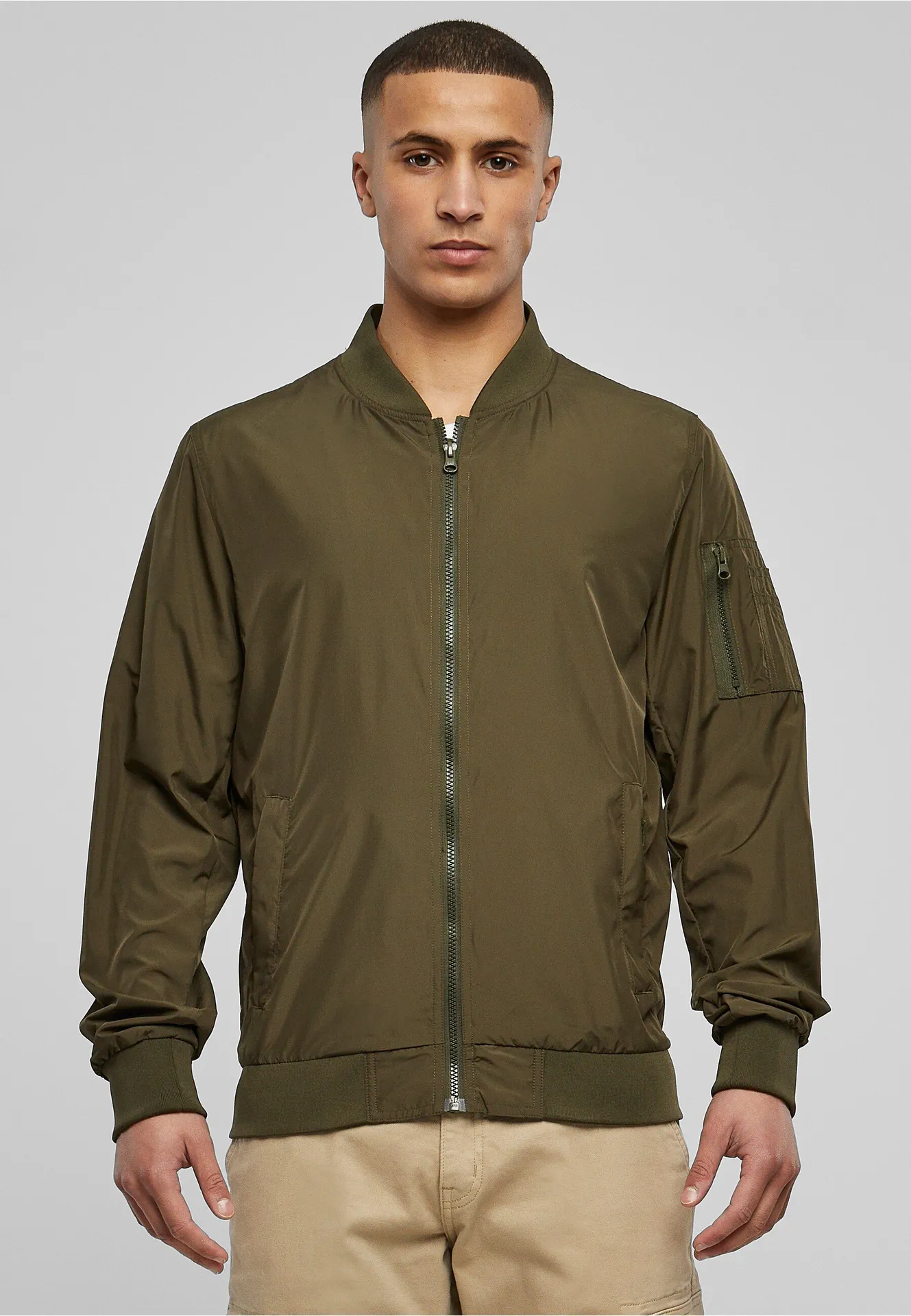 BYB-BY045-nylon-bomber-jacket-darkolive-model-0 Build Your Brand Nylon Bomber Jacket