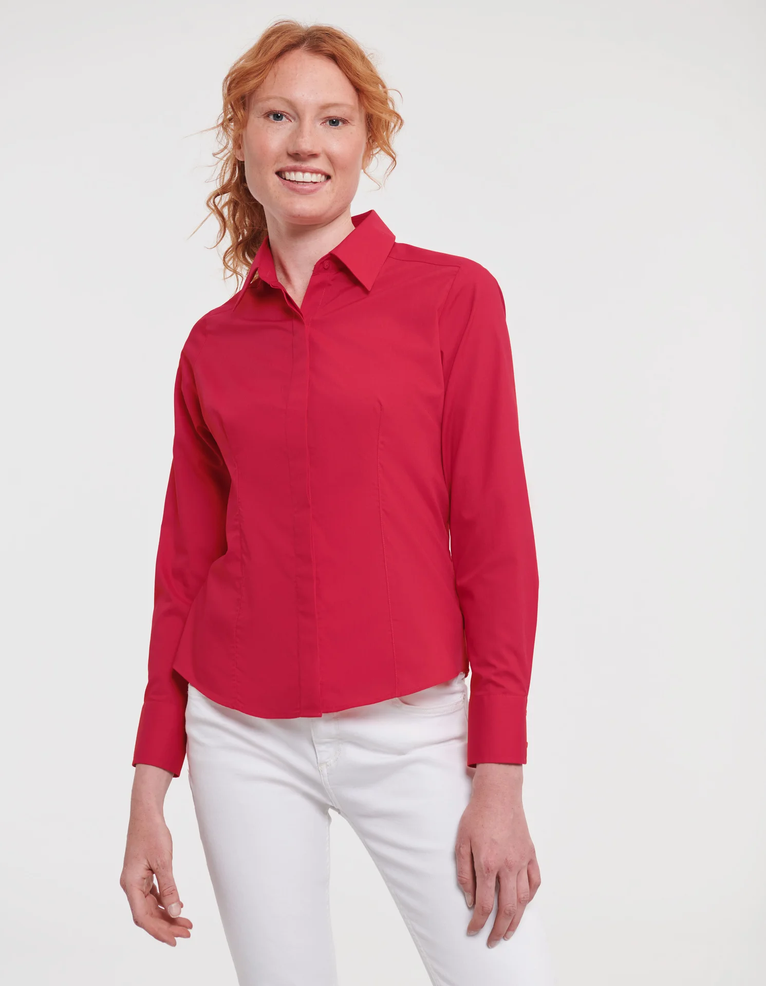 russell-r924f-ladies-ls-poly-cotton-easy-care-fitted-poplin-shirt-classicred-model-1 Russell Ladies Long Sleeve Polycotton Easy Care Fitted Poplin Shirt