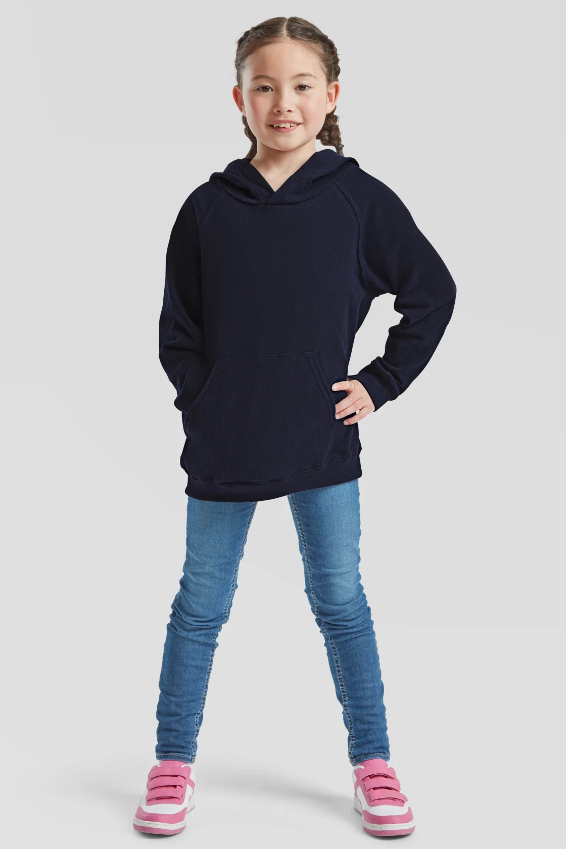 fruit-of-the-loom-62-009-0-kids-lightweight-hooded-sweatshirt-deepnavy-model-3 F.O.L. Kids Lightweight Hooded Sweat