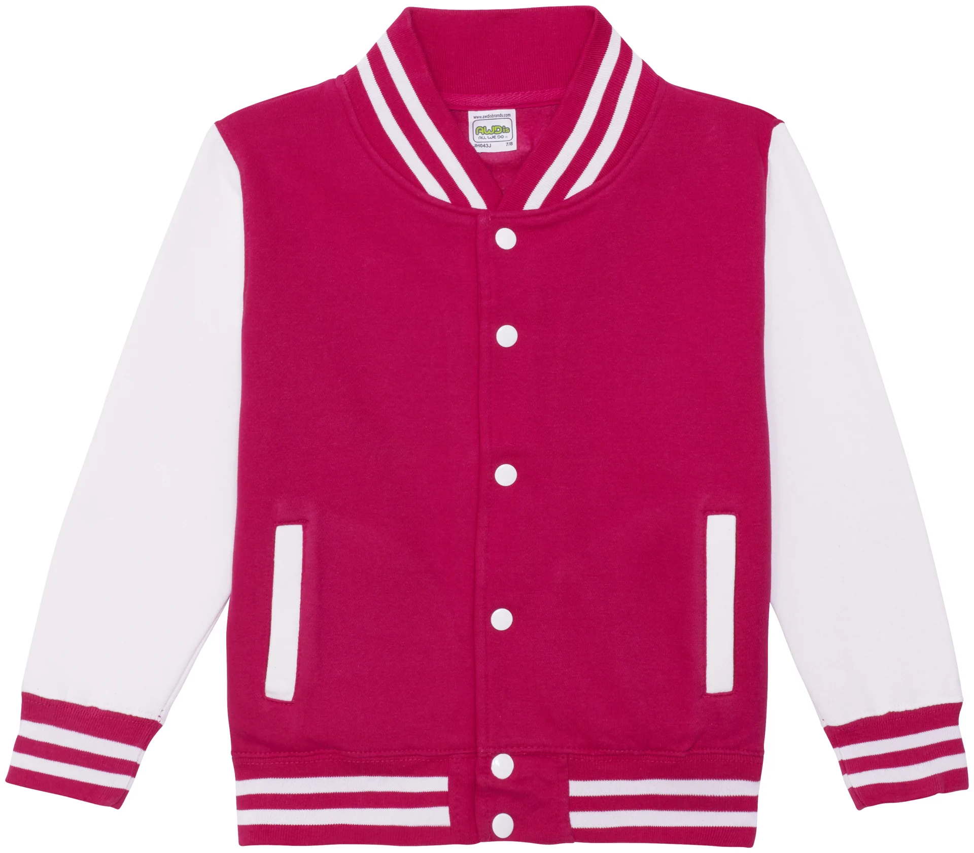 justhoods-jh043j-kids-varsity-jacket-hotpink-white-front-1 Just Hoods Kids Varsity Jacket