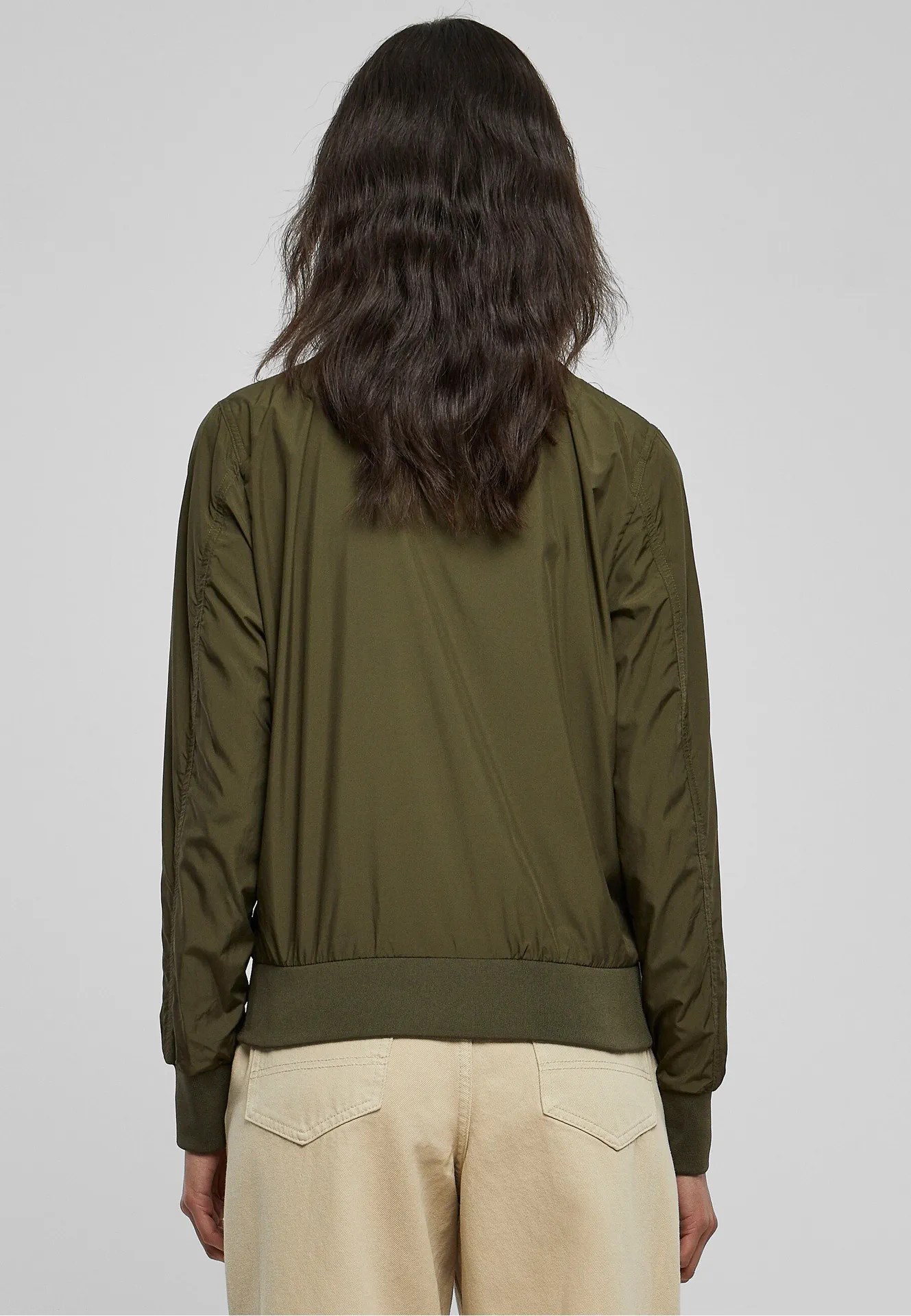 BYB-BY044-ladies-nylon-bomber-jacket-darkolive-model-2 Build Your Brand Ladies Nylon Bomber Jacket