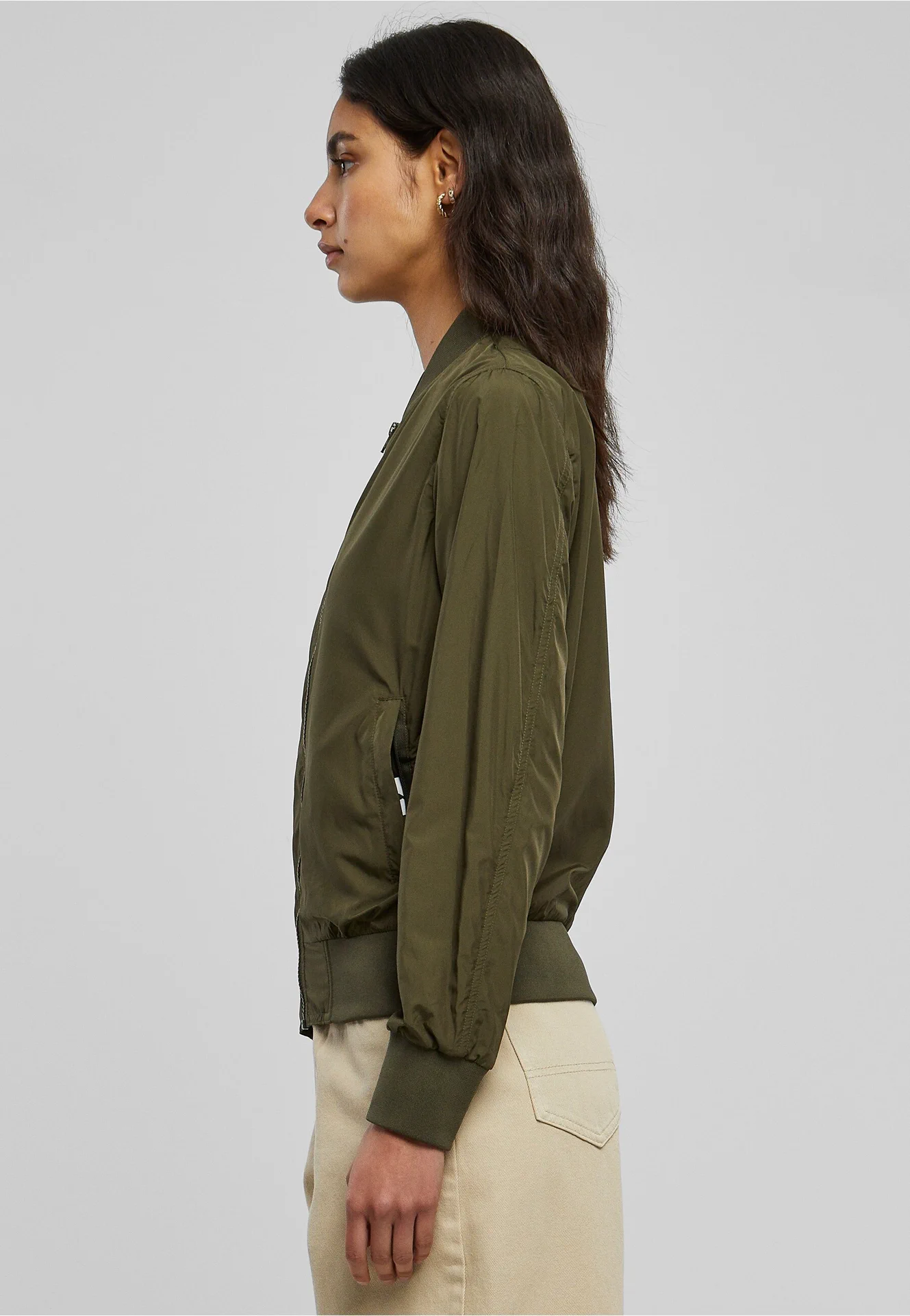 BYB-BY044-ladies-nylon-bomber-jacket-darkolive-model-1 Build Your Brand Ladies Nylon Bomber Jacket