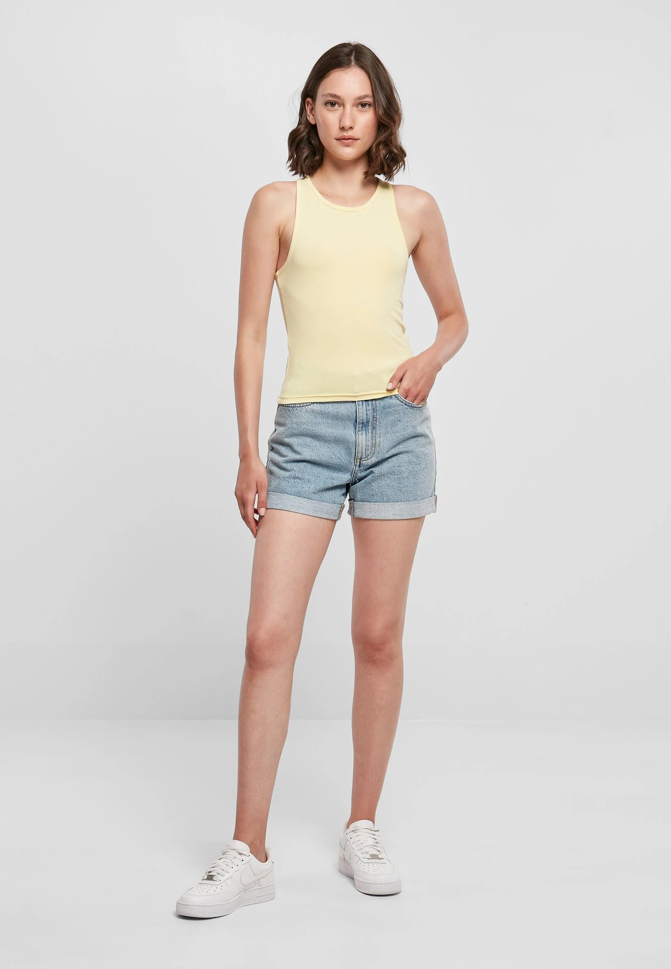 BYB-BY208-ladies-racer-back-top-softyellow-model-3 Build Your Brand Ladies Racer Back Top