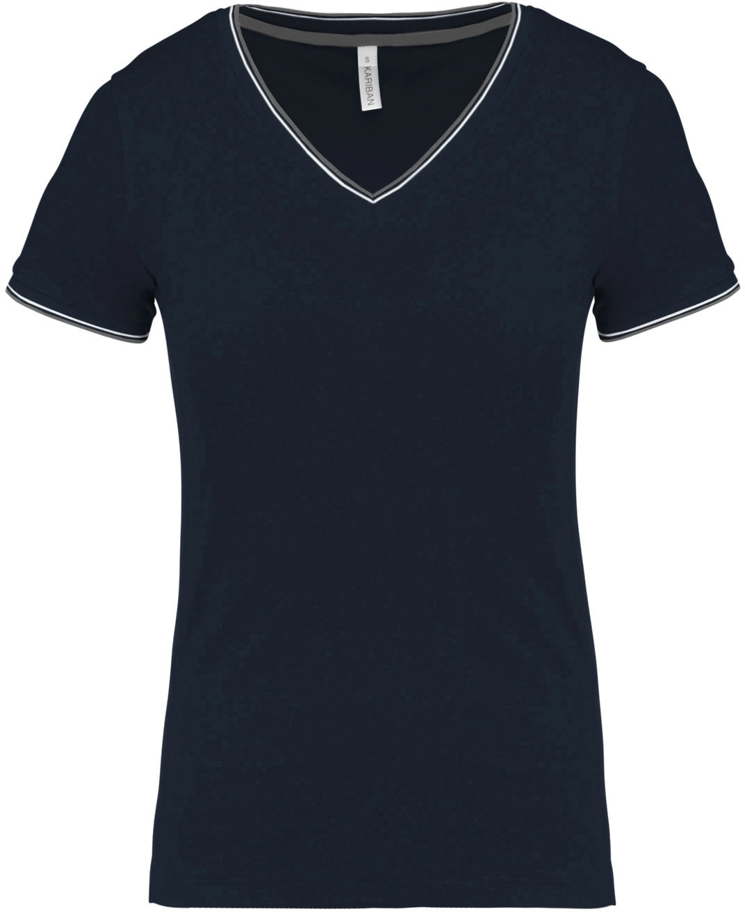 K394-damen-pique-v-ausschnitt-t-shirt-navy-lightgrey-white-front-3 Kariban Damen Piqué V-Ausschnitt T-Shirt