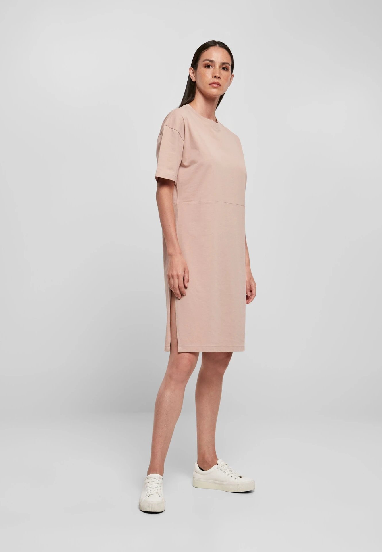 BYB-BY181-ladies-organic-oversized-slit-t-shirt-dress-duskrose-model-3 Build Your Brand Ladies Organic Oversized Slit Tee Dress