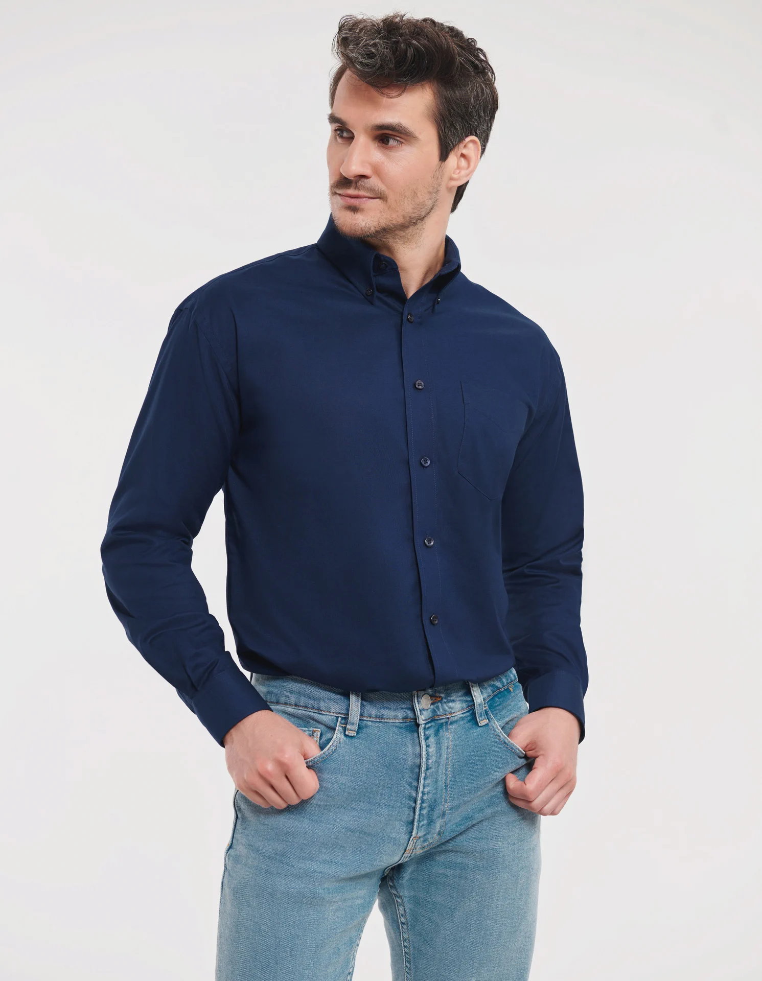 russell-r932m-mens-ls-easy-care-oxford-shirt-brightnavy-model-1 Russell Men's Long Sleeve Easy Care Oxford Shirt