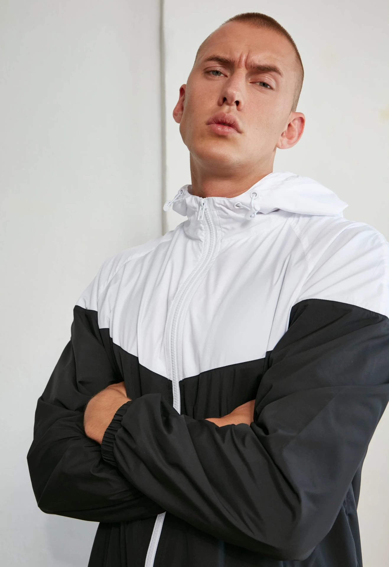 BYB-BY129-2-tone-tech-windrunner-black-white-model-0 Build Your Brand 2-Tone Tech Windrunner