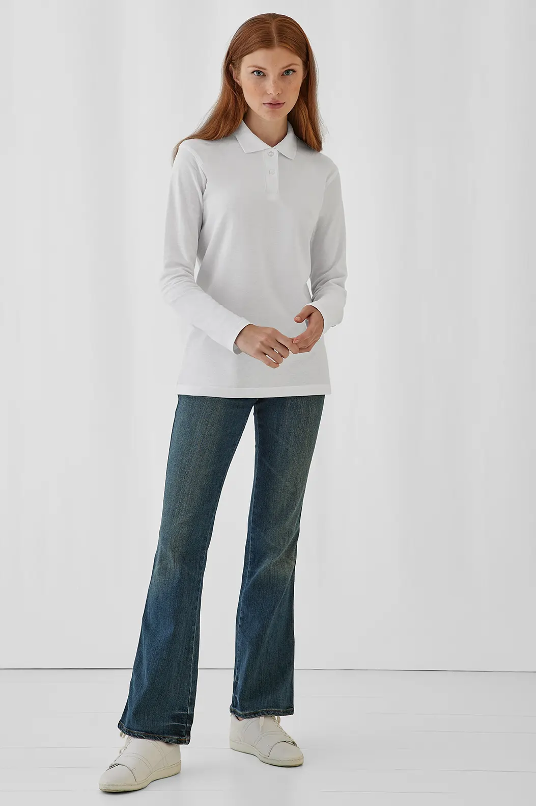 bc-pwi13-id001-longsleeve-women-white-model-2 B&C Long Sleeve Polo ID.001 Women