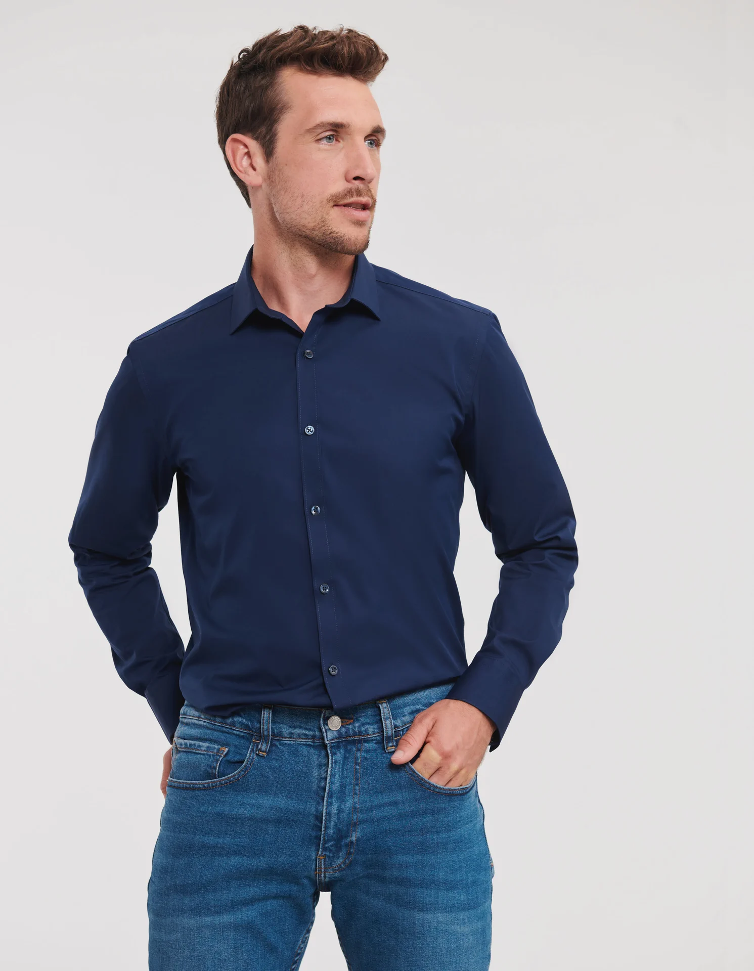 russell-r960m-mens-ls-ultimate-stretch-shirt-brightnavy-model-1 Russell Men's Long Sleeve Ultimate Stretch Shirt