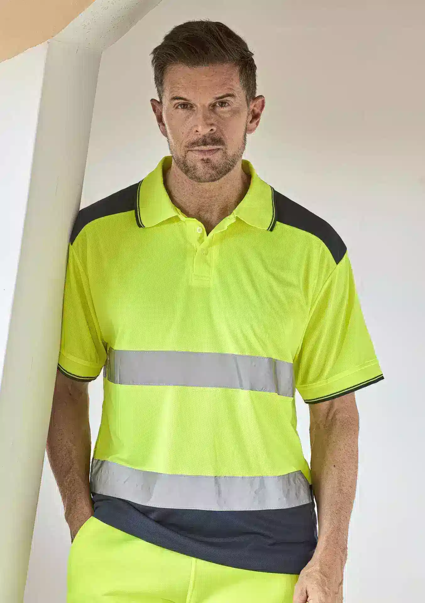 yoko-hvj220-hi-vis-two-tone-polo-hi-vis-yellow-navy-model-1 YOKO Hi-Vis Two-Tone Polo