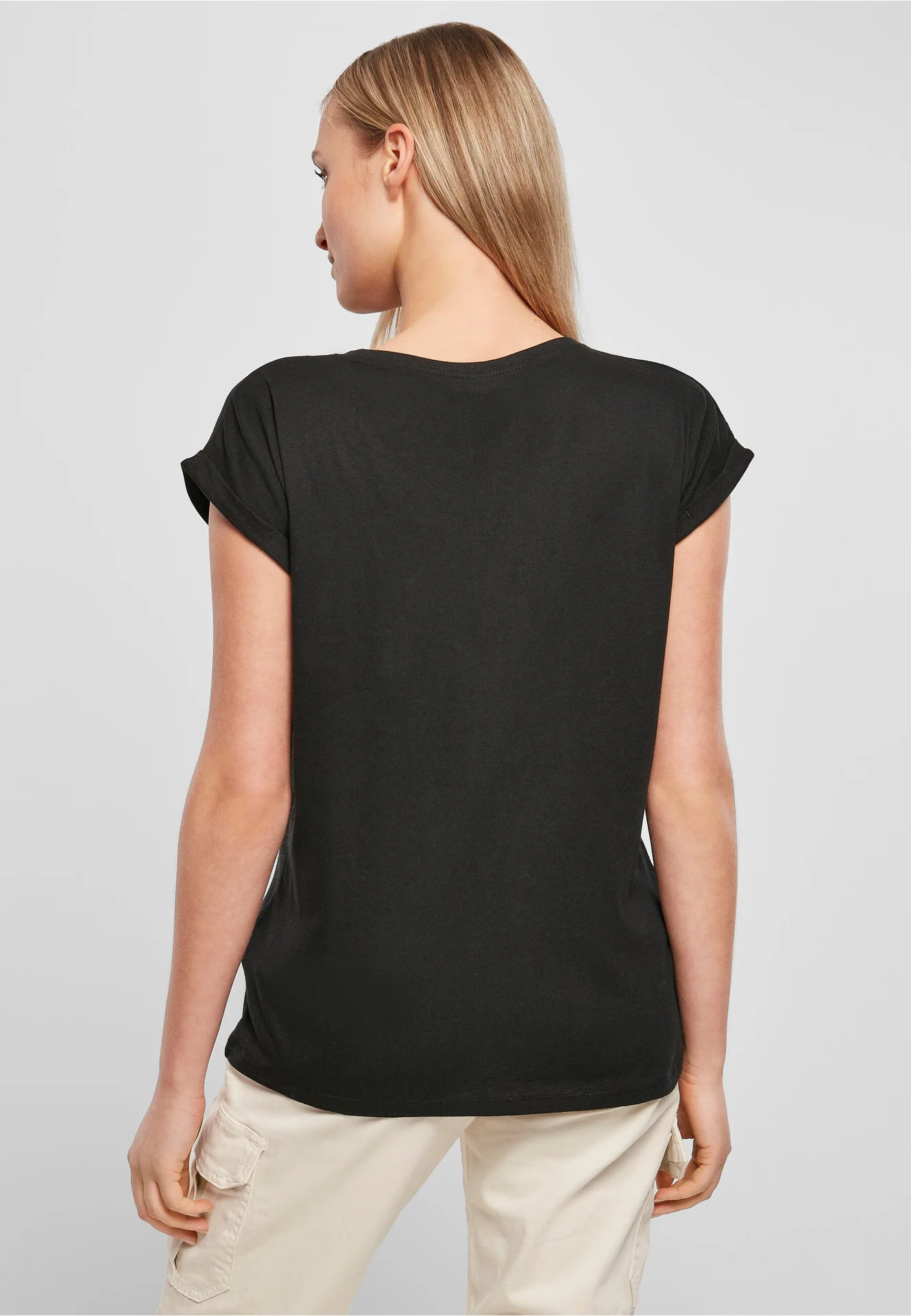 BYB-BY021-ladies-extended-shoulder-t-shirt-black-model-2 Build Your Brand Ladies Extended Shoulder Tee