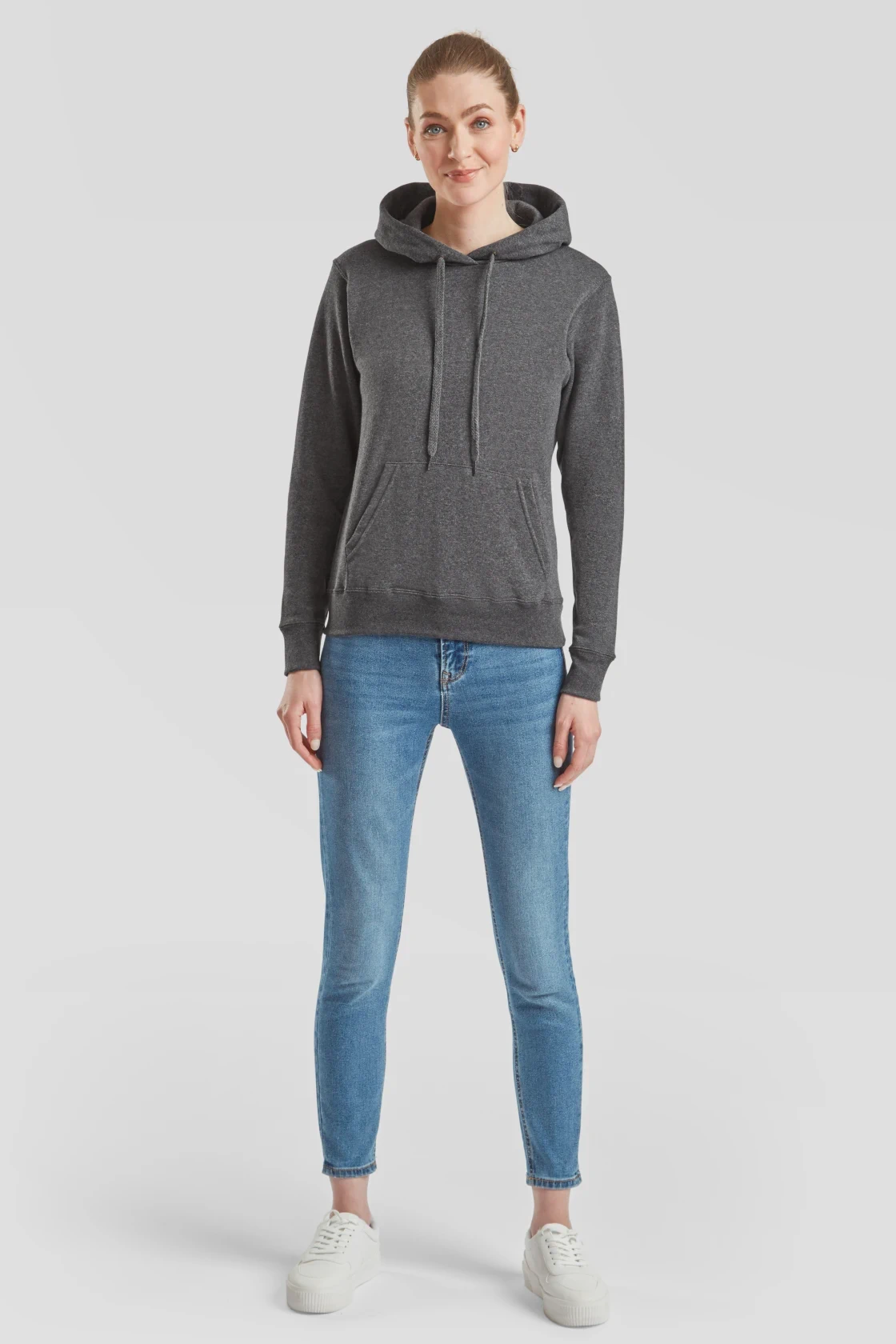 fruit-of-the-loom-62-038-0-ladies-classic-hooded-sweatshirt-darkheathergrey-model-3 F.O.L. Ladies Classic Hooded Sweat