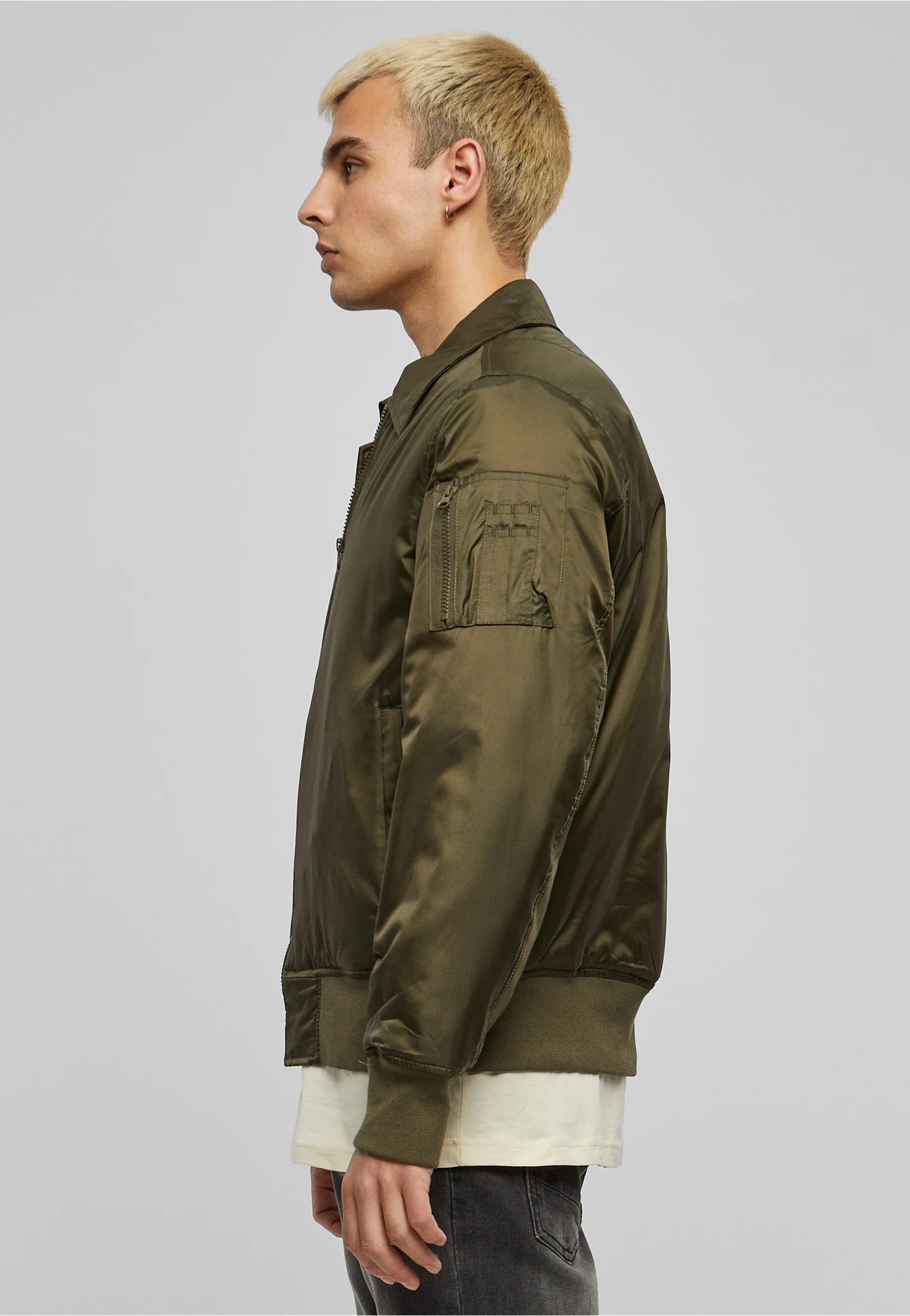 BYB-BY157-collar-bomber-jacket-darkolive-model-1 Build Your Brand Collar Bomber Jacket