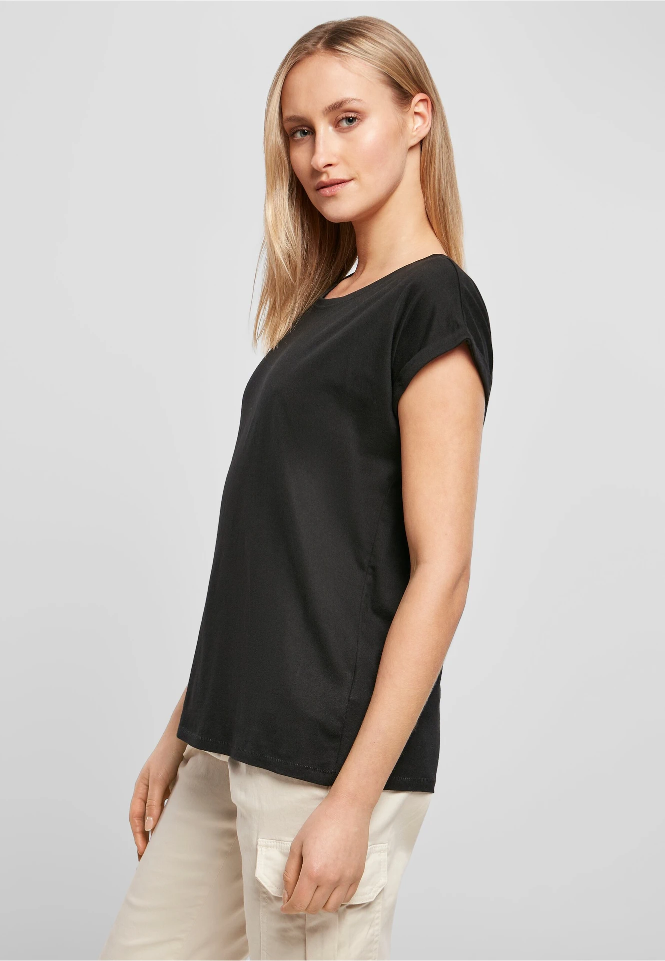 BYB-BY021-ladies-extended-shoulder-t-shirt-black-model-1 Build Your Brand Ladies Extended Shoulder Tee