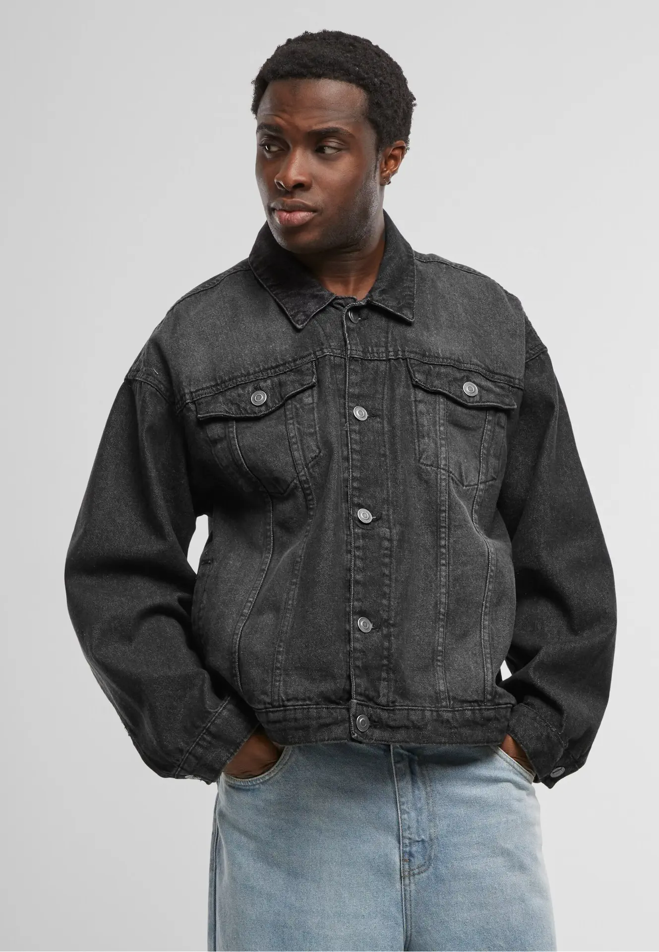 BYB-BY312-heavy-ounce-boxy-denim-jacket-black-model-0 Build Your Brand Heavy Ounce Boxy Denim Jacket