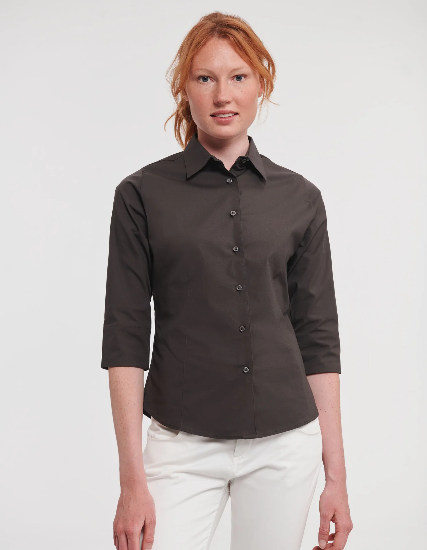 russell-r946f-ladies-ls-easy-care-fitted-shirt-chocolate-model-1 Russell Ladies Long Sleeve Easy Care Fitted Shirt