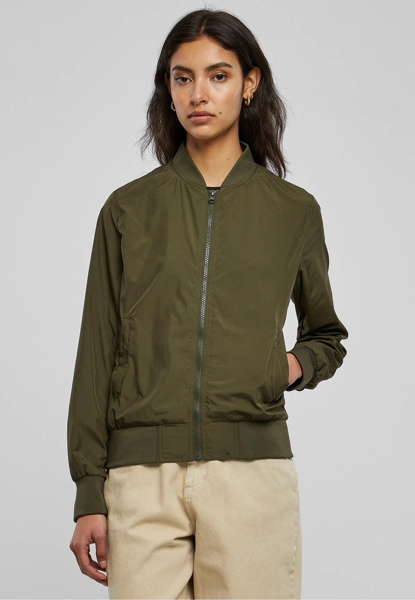 BYB-BY044-ladies-nylon-bomber-jacket-darkolive-model-0 Build Your Brand Ladies Nylon Bomber Jacket