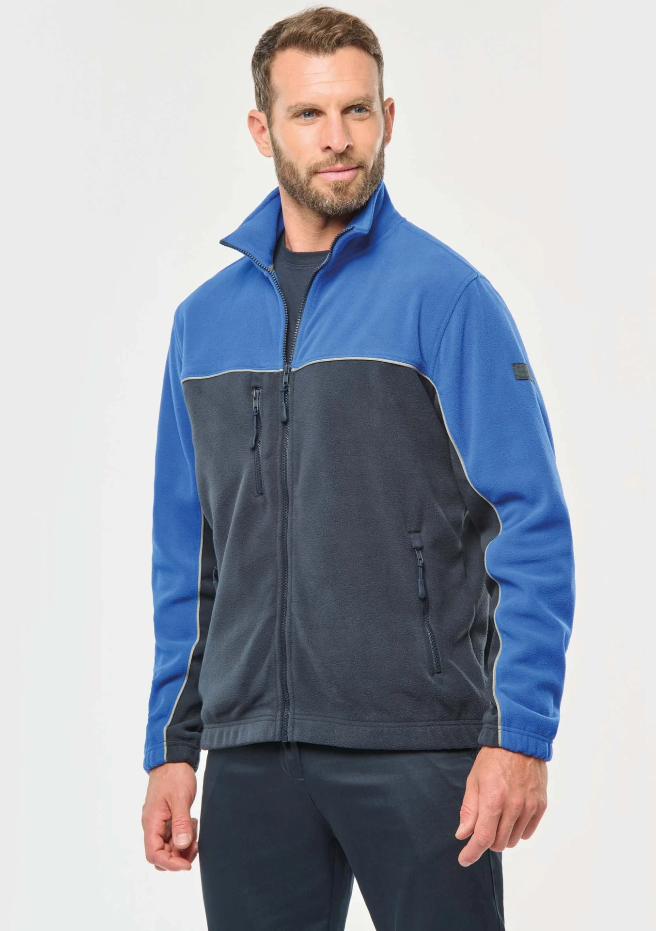 kariban-WK904-workwear-fleece-jacke-navy-royalblue-model-1 Kariban Workwear Fleece Jacke