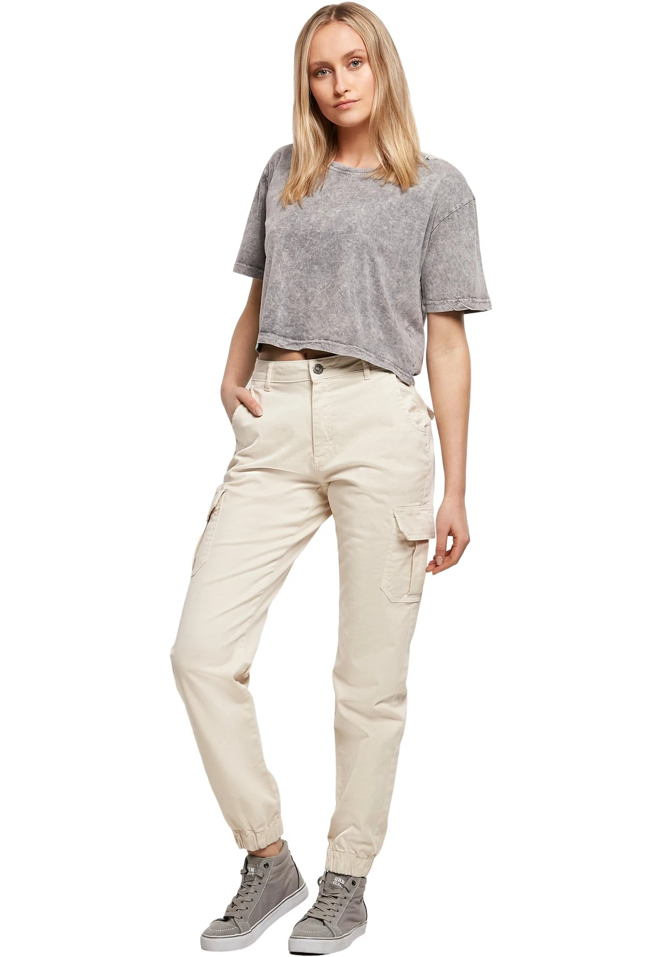 BYB-BY054-ladies-acid-washed-cropped-t-shirt-grey-model-3 Build Your Brand Ladies Acid Washed Cropped Tee