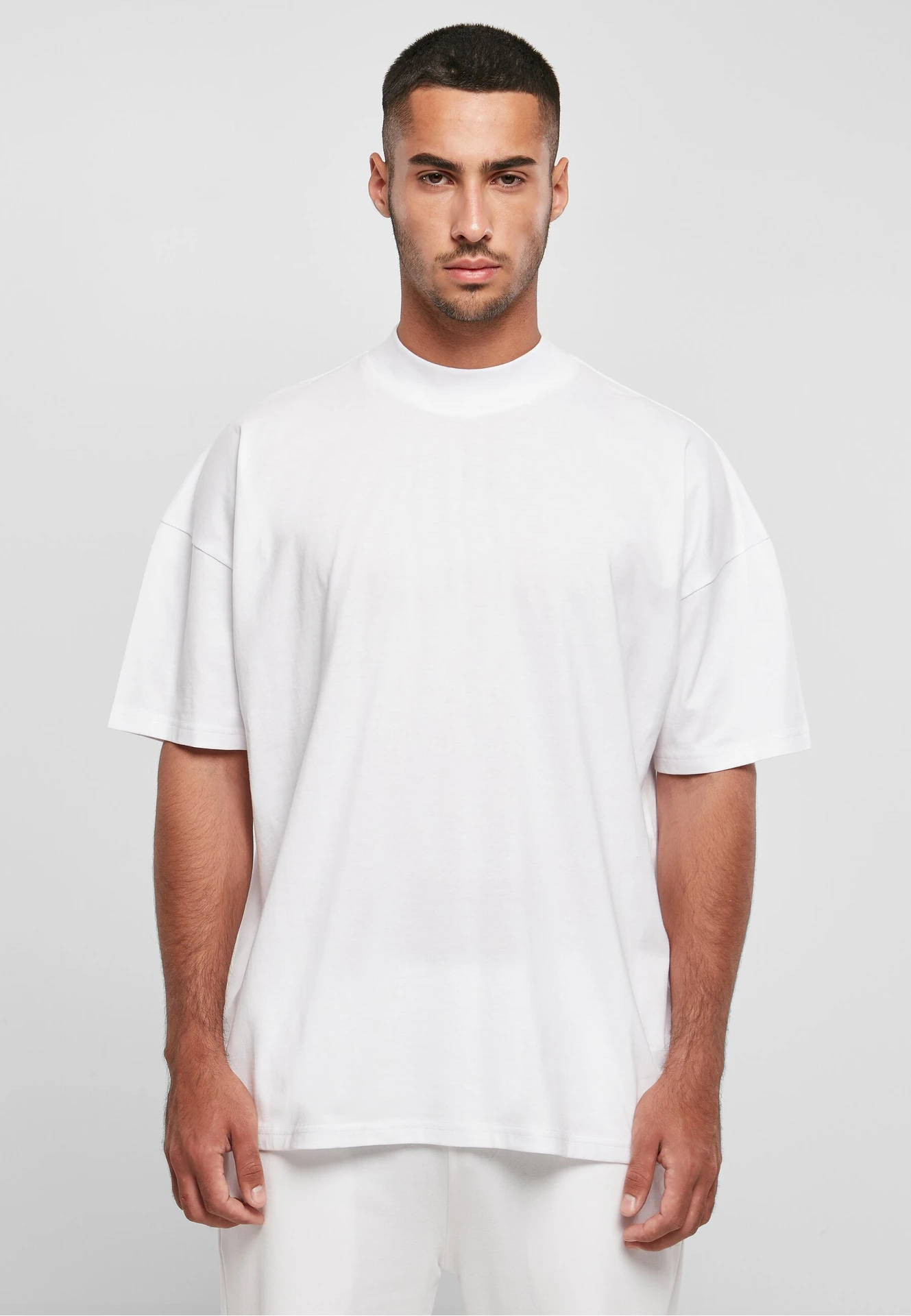 BYB-BY230-mens-oversized-mock-neck-t-shirt-white-model-0 Build Your Brand Oversized Mock Neck Tee