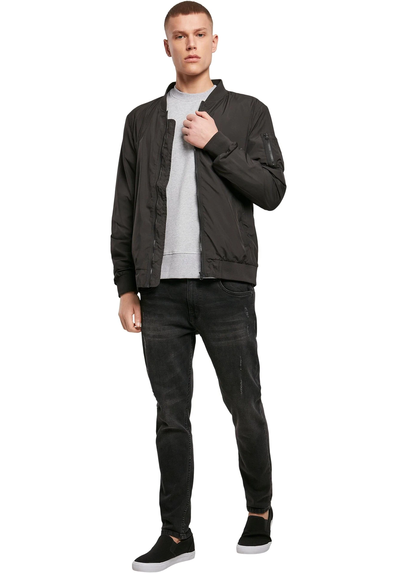 BYB-BY045-nylon-bomber-jacket-black-model-3 Build Your Brand Nylon Bomber Jacket