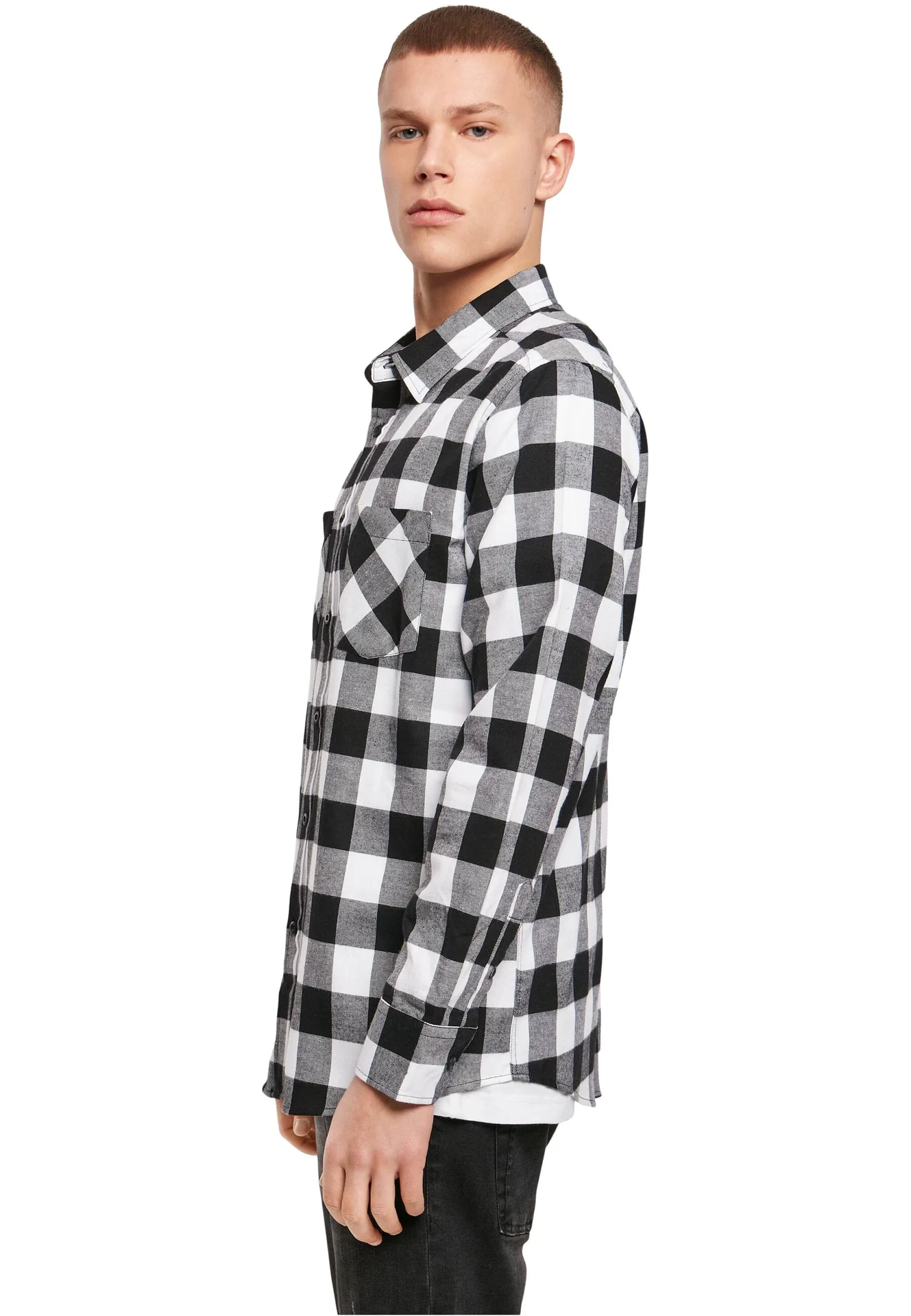 BYB-BY031-checked-flannel-shirt-black-white-model-1 Build Your Brand Checked Flannel Shirt