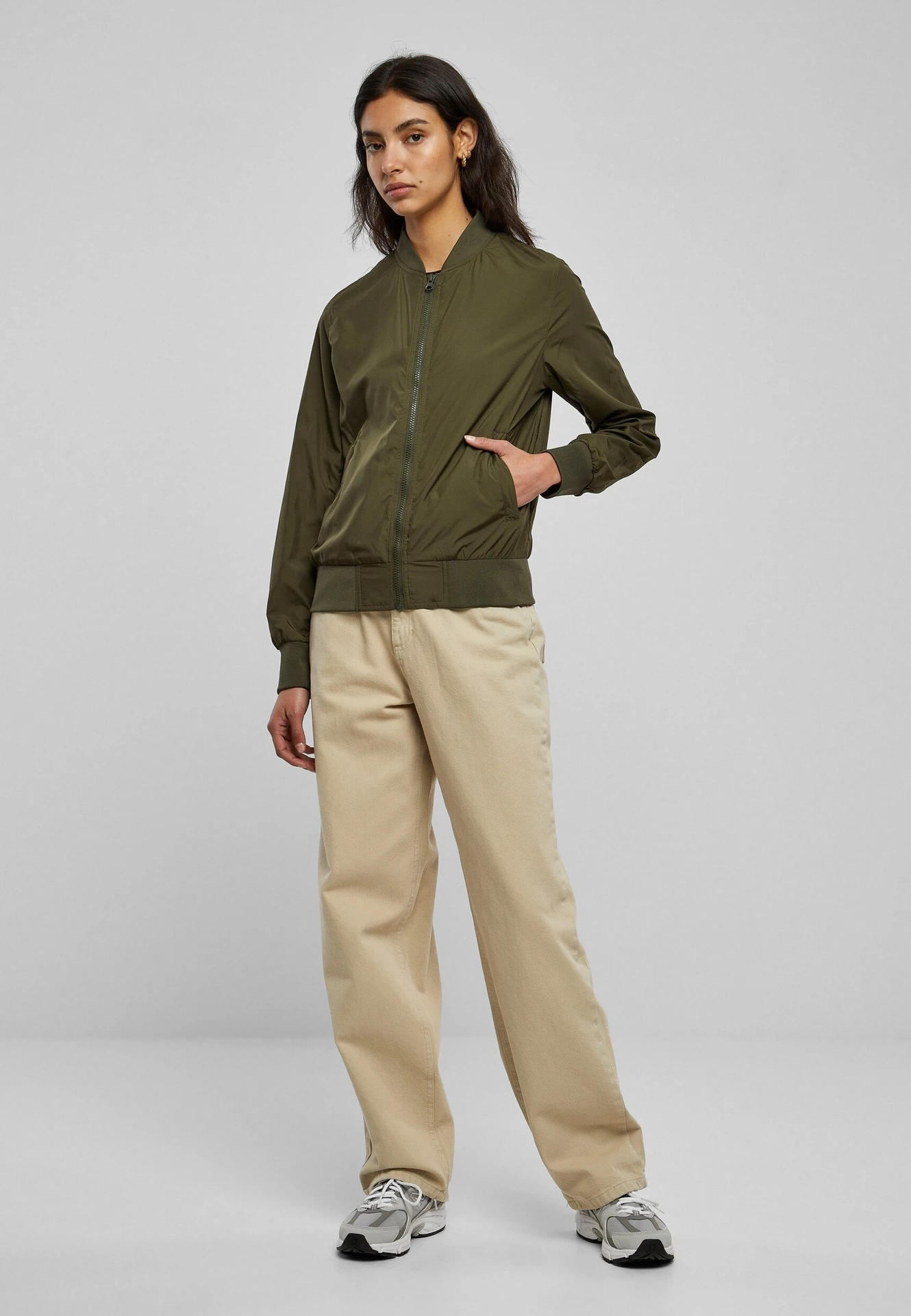 BYB-BY044-ladies-nylon-bomber-jacket-darkolive-model-3 Build Your Brand Ladies Nylon Bomber Jacket