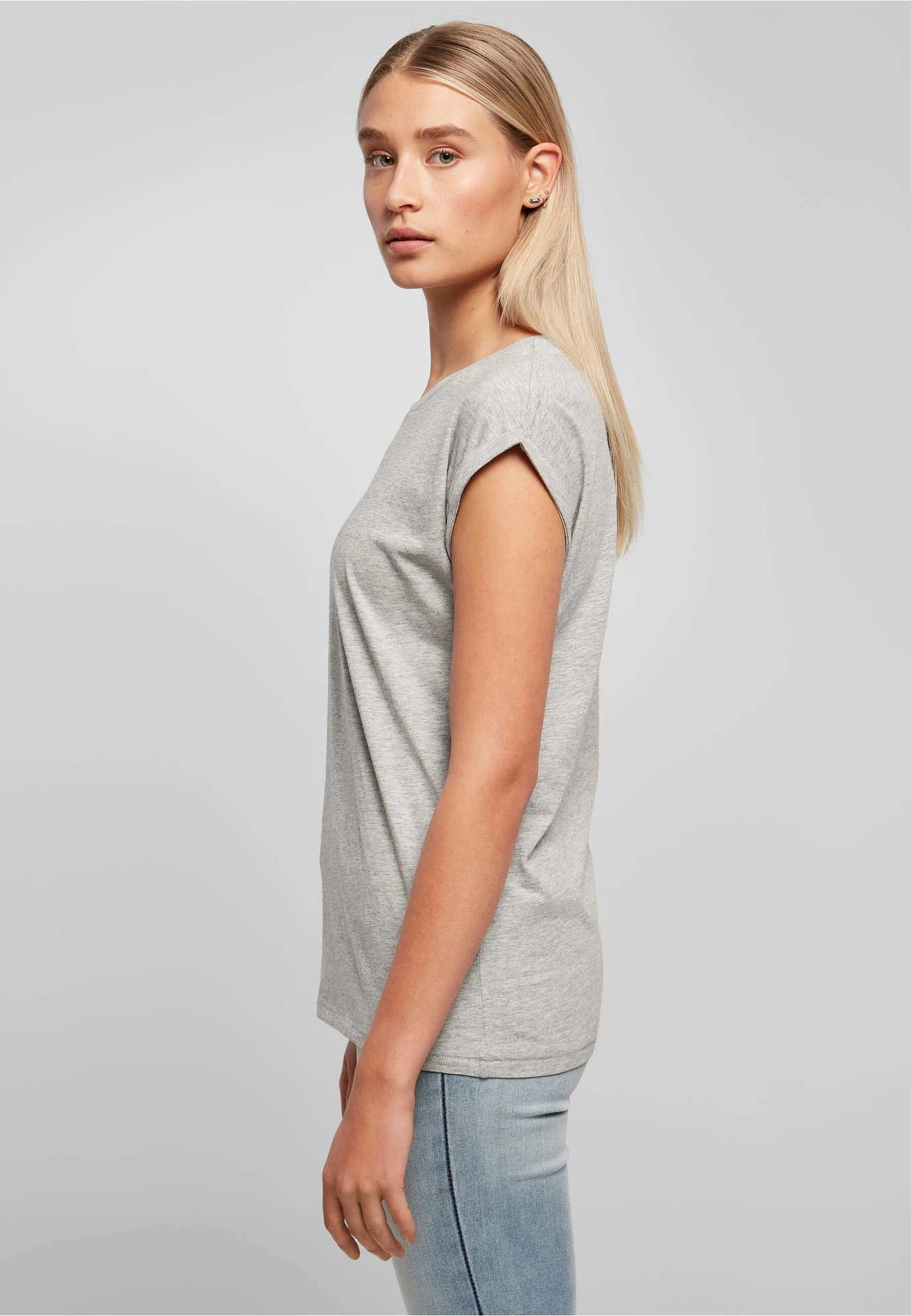 BYB-BY021-ladies-extended-shoulder-t-shirt-heathergrey-model-1 Build Your Brand Ladies Extended Shoulder Tee