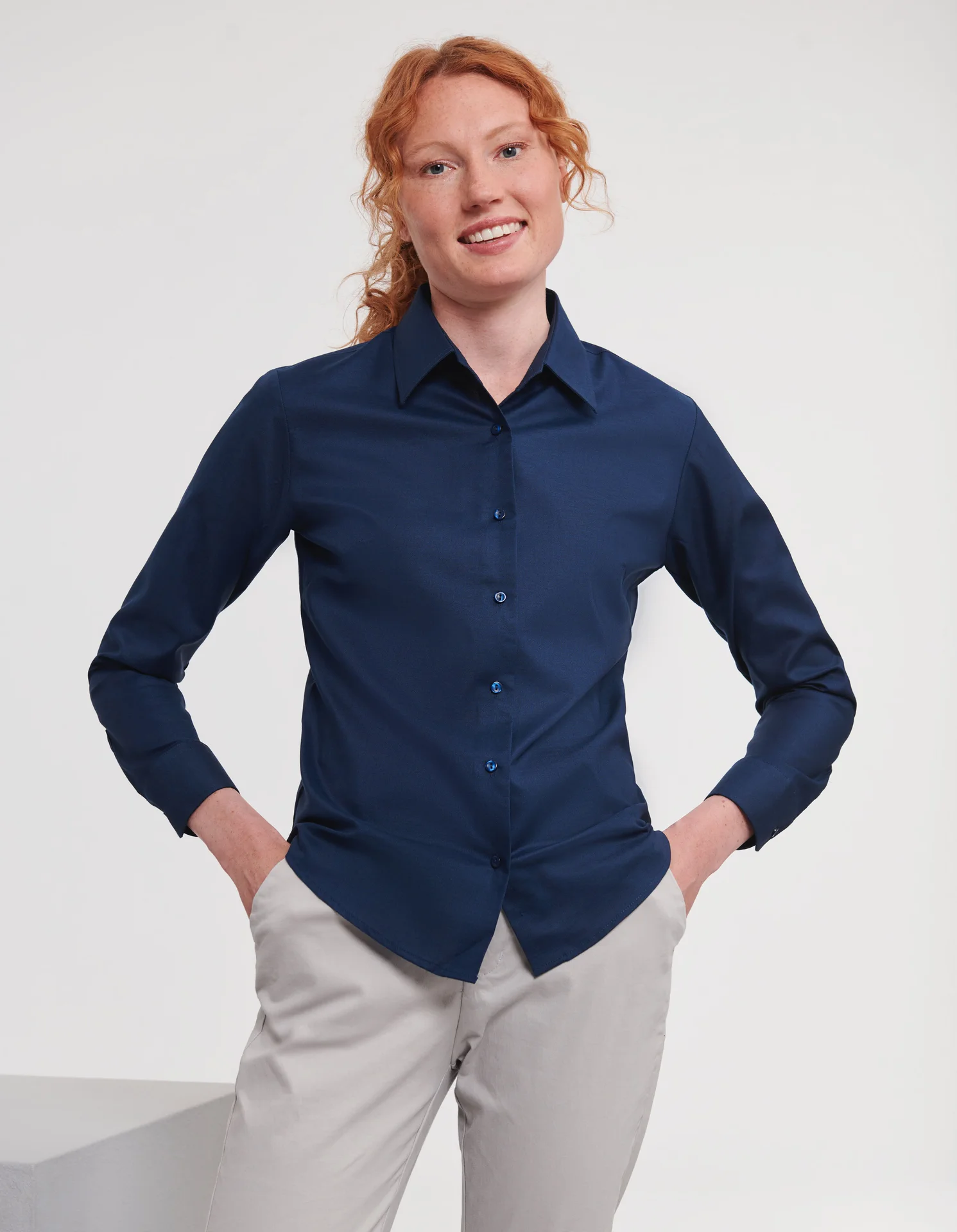 russell-r932f-ladies-ls-easy-care-oxford-shirt-brightnavy-model-1 Russell Ladies Long Sleeve Easy Care Oxford Shirt